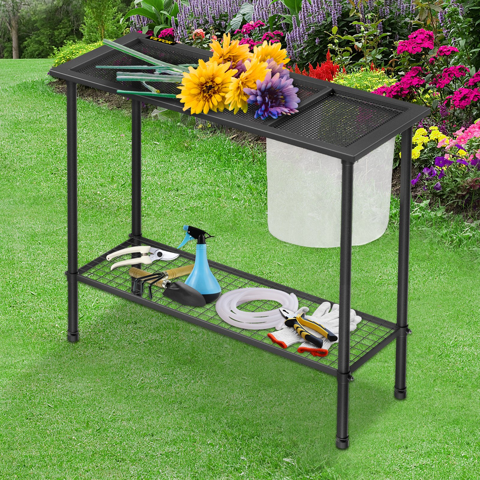 Banco de jardinería VEVOR, 99 cm de largo x 38 cm de ancho x 84 cm de alto, estación de trabajo de acero para exteriores con patas de goma y bolsa de malla, mesa de jardinería multiusos de doble capa para invernadero, patio, porche y jardín, color negro