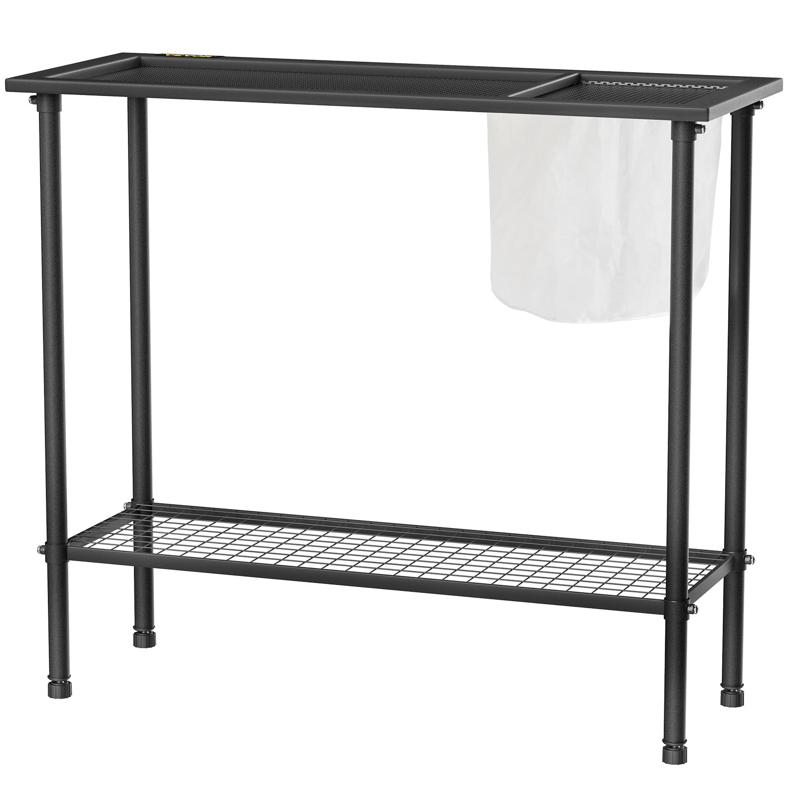 Banco de jardinería VEVOR, 99 cm de largo x 38 cm de ancho x 84 cm de alto, estación de trabajo de acero para exteriores con patas de goma y bolsa de malla, mesa de jardinería multiusos de doble capa para invernadero, patio, porche y jardín, color negro