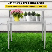 VEVOR Banco para macetas, 44 pulgadas de largo x 24 pulgadas de ancho x 44 pulgadas de alto, estación de trabajo de acero resistente a la intemperie para exteriores con pies de goma, mesa de jardinería multiusos de doble capa para invernadero, patio, porche, patio trasero, plateado