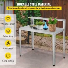 VEVOR Banco para macetas, 44 pulgadas de largo x 24 pulgadas de ancho x 44 pulgadas de alto, estación de trabajo de acero resistente a la intemperie para exteriores con pies de goma, mesa de jardinería multiusos de doble capa para invernadero, patio, porche, patio trasero, plateado