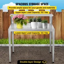 VEVOR Banco para macetas, 44 pulgadas de largo x 24 pulgadas de ancho x 44 pulgadas de alto, estación de trabajo de acero resistente a la intemperie para exteriores con pies de goma, mesa de jardinería multiusos de doble capa para invernadero, patio, porche, patio trasero, plateado