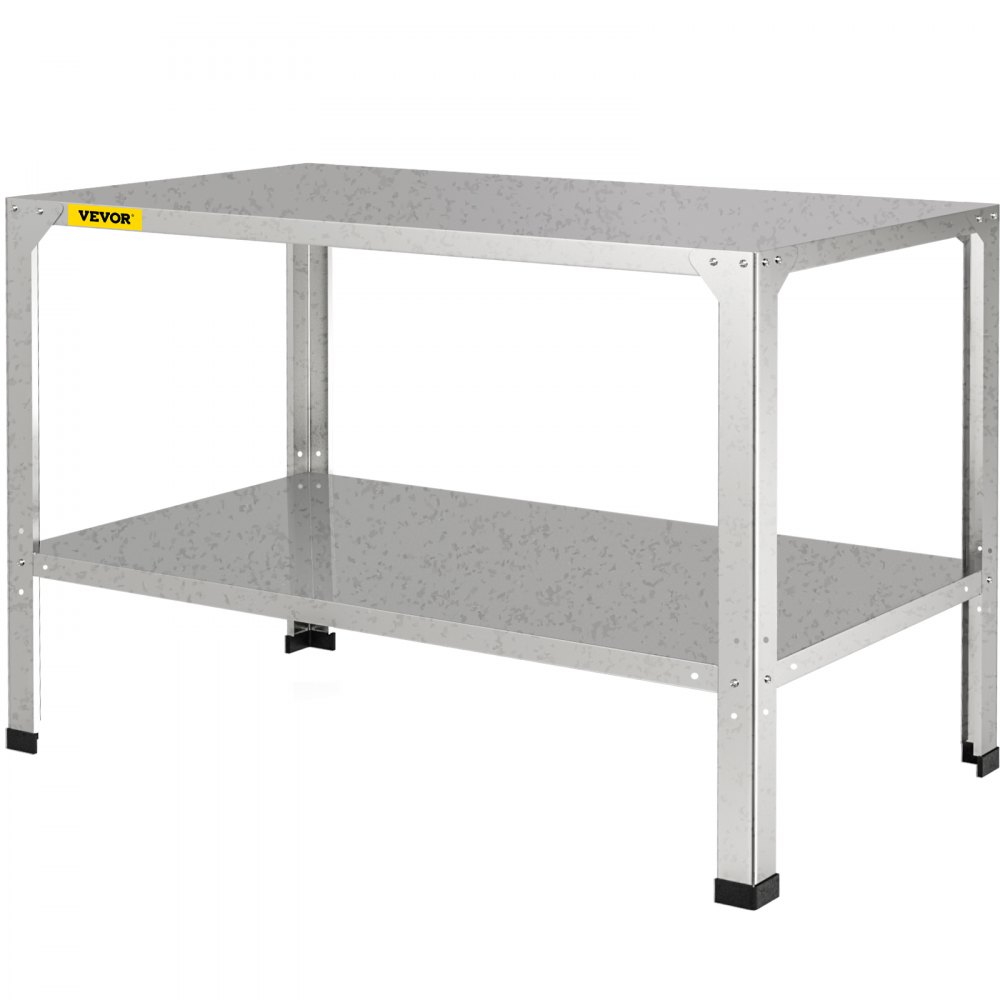 VEVOR Banco para macetas, 46 pulgadas de largo x 20 pulgadas de ancho x 32 pulgadas de alto, estación de trabajo de acero galvanizado para exteriores con pies de goma, mesa de jardinería multiusos de doble capa para invernadero, patio, porche, patio trasero, plateado