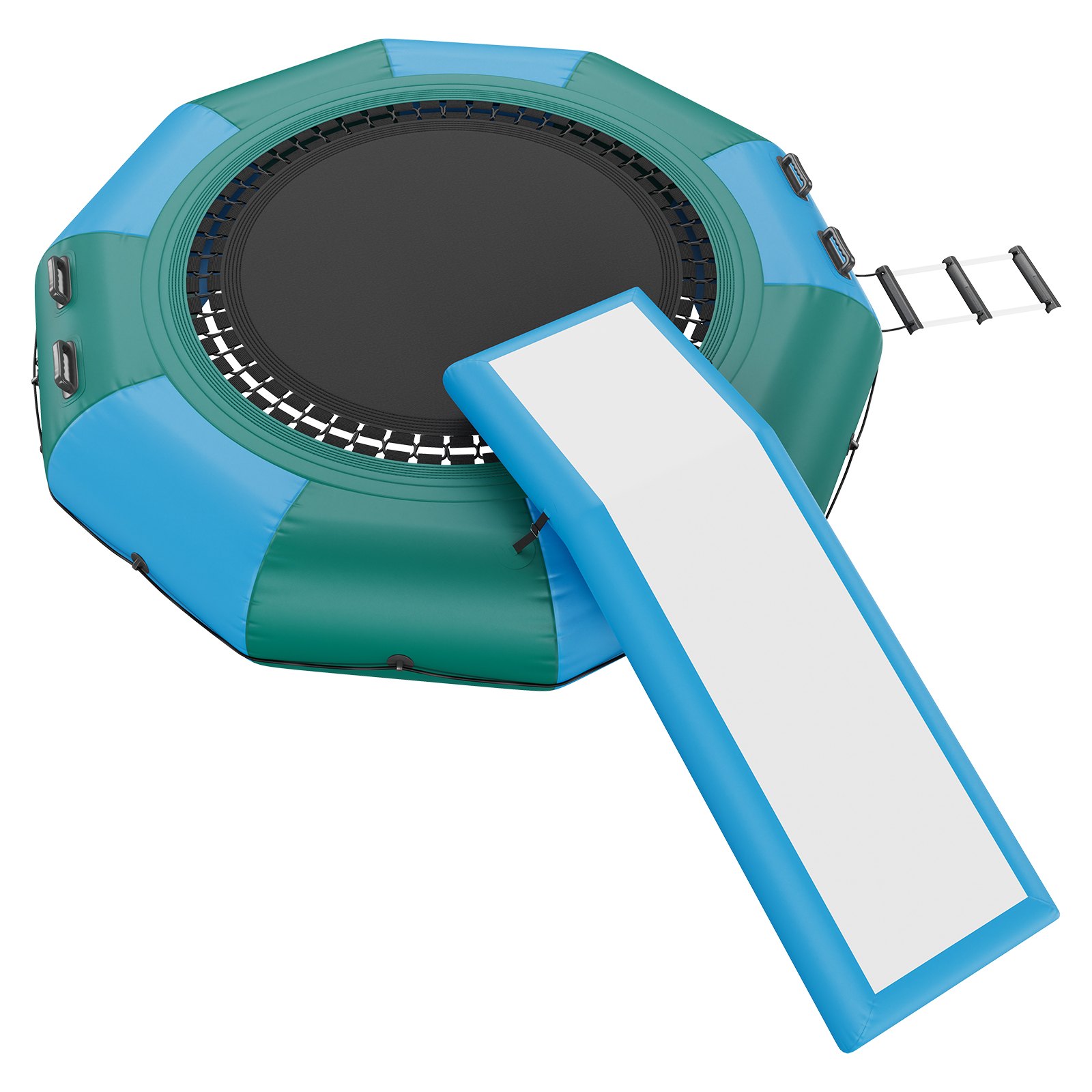 VEVOR Cama elástica acuática inflable de 3 metros (10 pies), plataforma de natación portátil con tobogán, escalera de 3 peldaños y bomba de aire eléctrica, ideal para niños y adultos, perfecta para deportes acuáticos en piscinas y lagos.