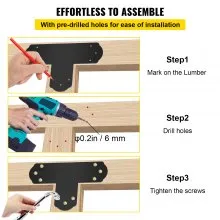 VEVOR Soporte en T negro, 6 x 6 pulgadas, 8 piezas de placa de reparación en T con recubrimiento de polvo negro, conector plano de amarre en forma de T de acero calibre 16 con juego de tornillos, soporte de poste a viga para reparación de muebles de madera