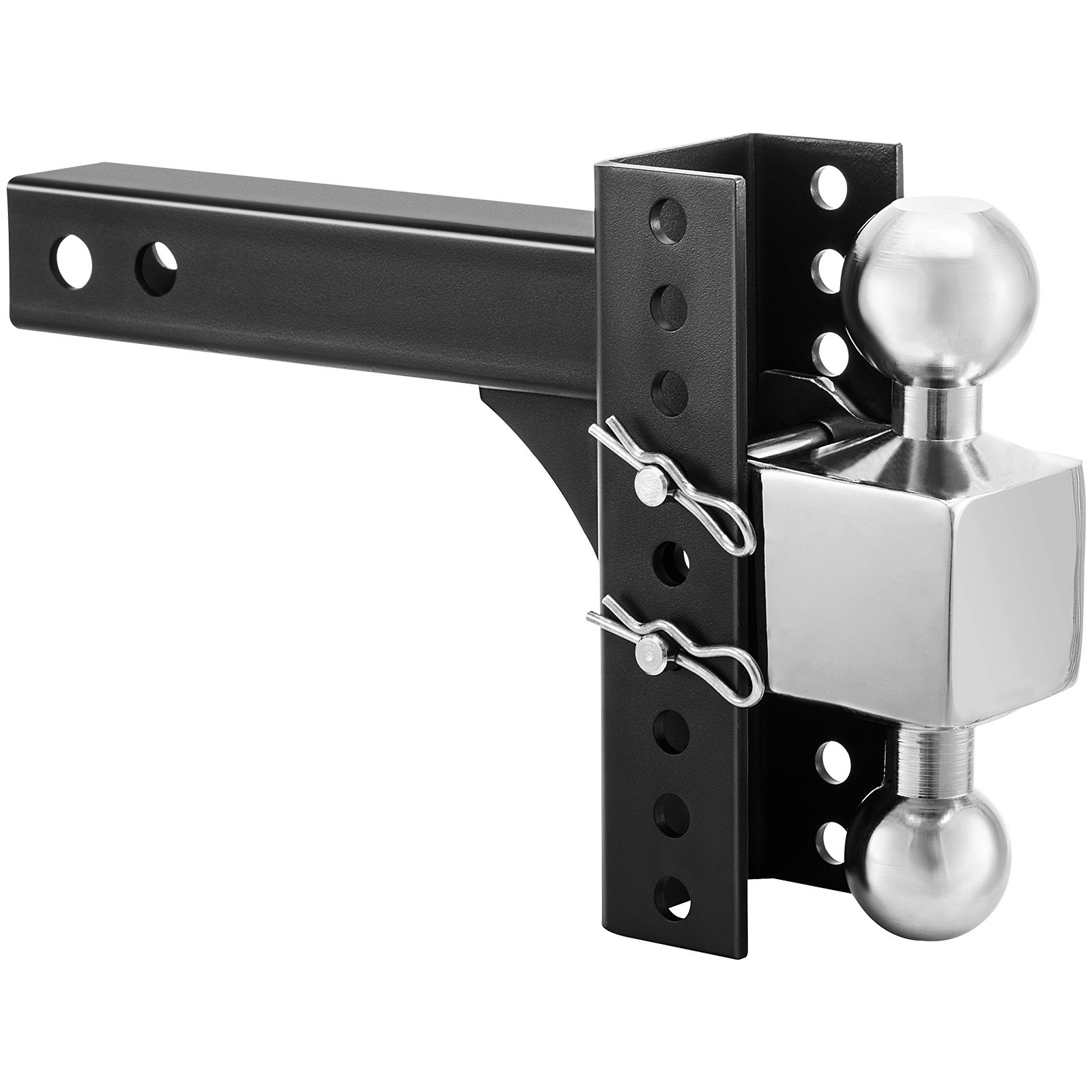 Enganche de remolque ajustable VEVOR con soportes de bola dobles, acero resistente y configuraciones de altura ajustables.