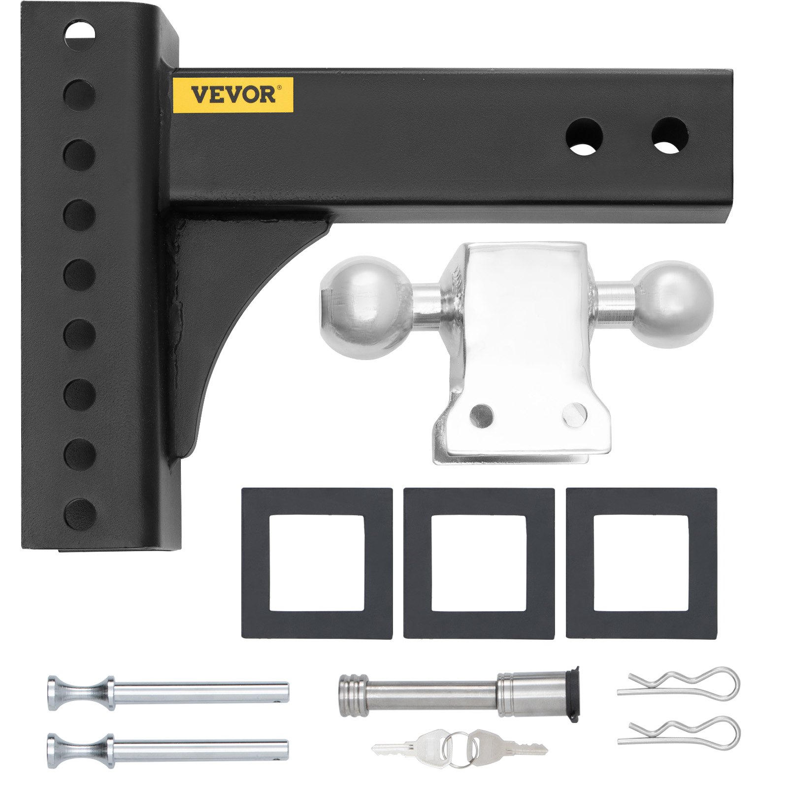 Enganche de remolque ajustable VEVOR con soporte de bola doble, pasadores, cerraduras y espaciadores para remolcar.