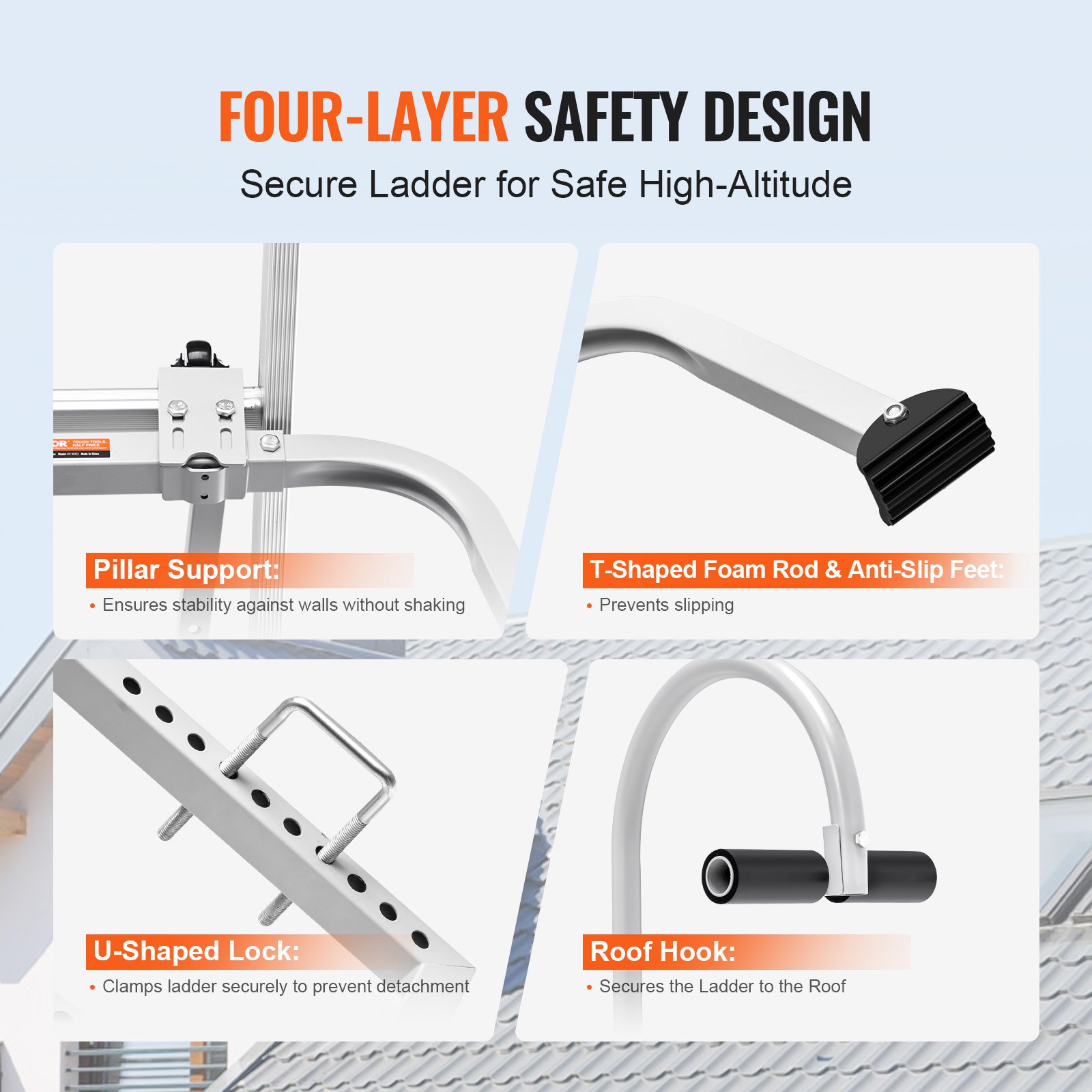 VEVOR Estabilizador de Escalera Gancho Separador de Escalera de Pared Extensible Accesorios para Escalera de Caballete de Techo Barra en T con Agarre de Goma de Acero Acceso a Techos Empinados