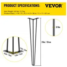 VEVOR Patas muebles de mesa de horquilla de 24 pulgadas color negro juego de 4 patas de escritorio de 800 libras capacidad de carga