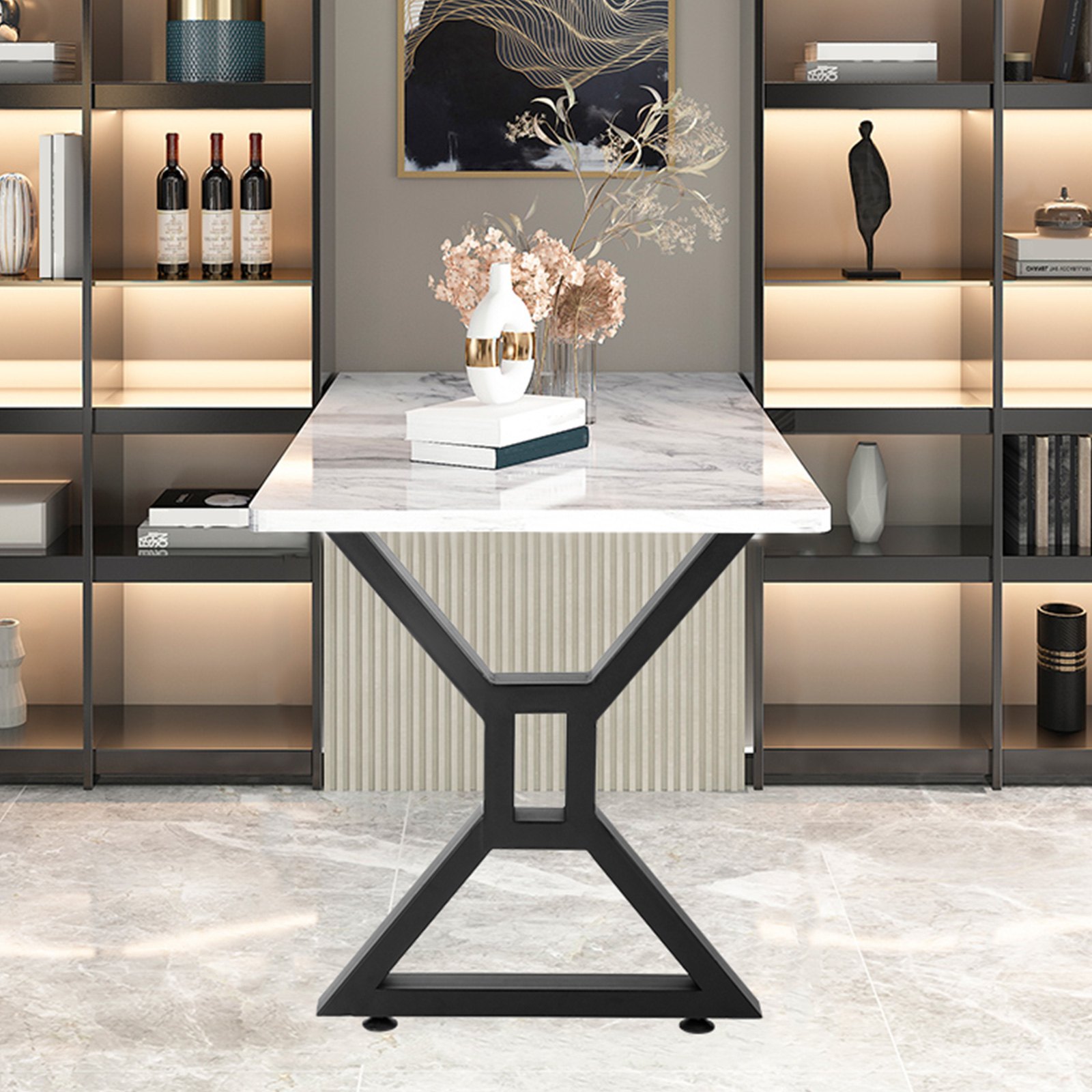 Interior moderno con patas de mesa de comedor VEVOR, tablero de mármol y elegantes estanterías.