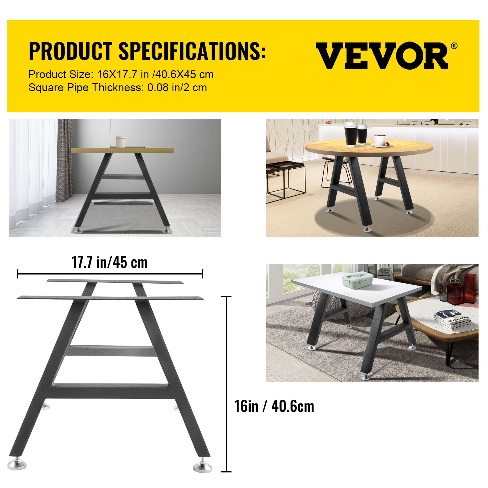 Patas de mesa de metal VEVOR en varios entornos interiores con dimensiones y especificaciones.