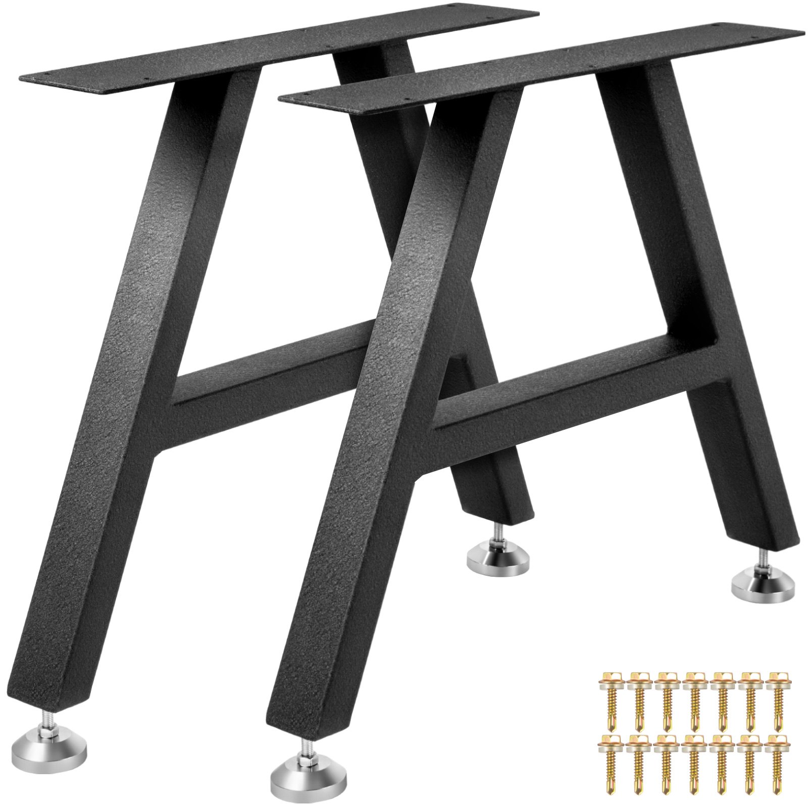 Patas de mesa de metal VEVOR negras con pies ajustables y tornillos de hardware incluidos.