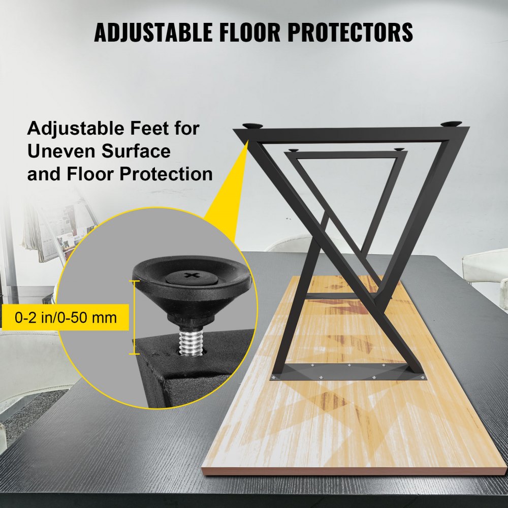 Patas de mesa de metal VEVOR con protectores de suelo ajustables para superficies irregulares.