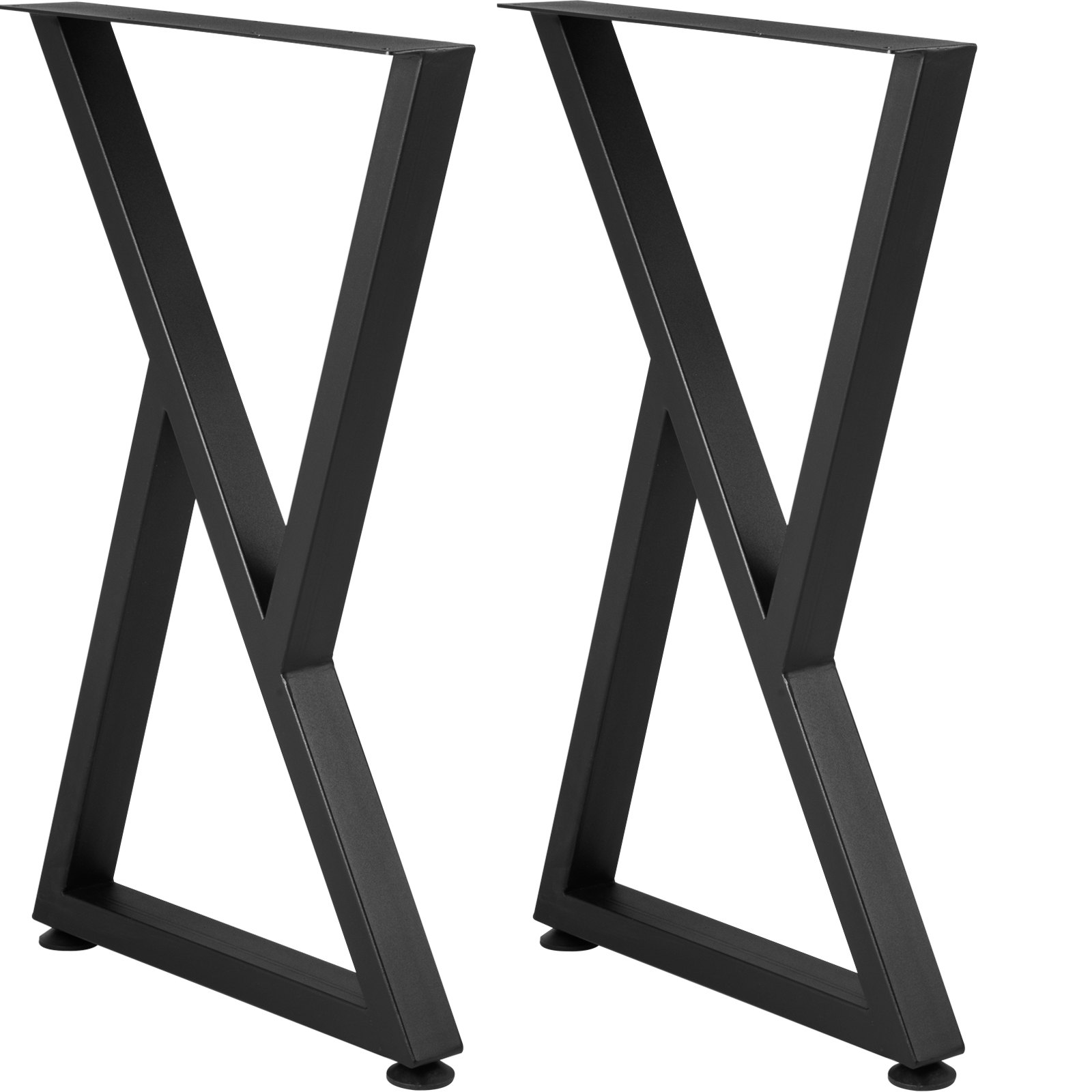 Patas de mesa de metal VEVOR con un elegante diseño de marco en X negro, apoyadas sobre pies estabilizadores.