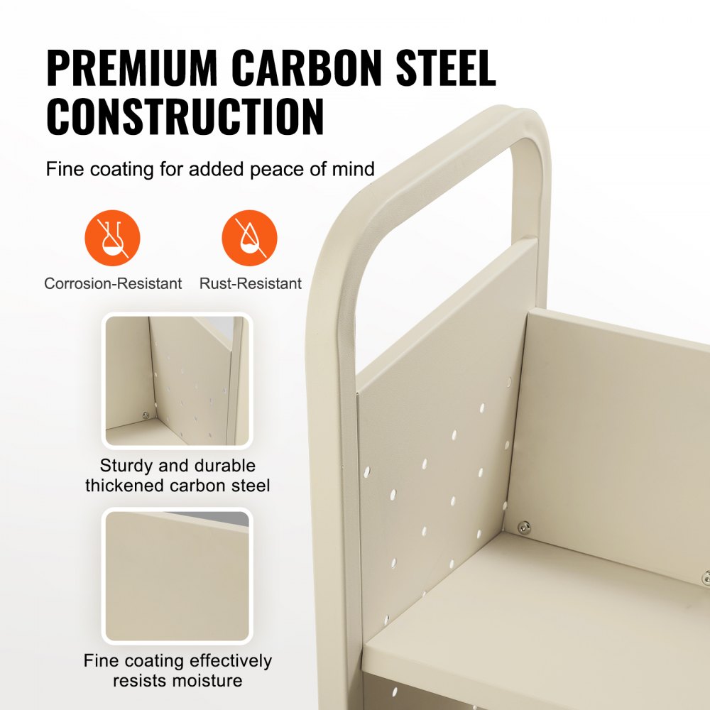 Carro para libros VEVOR, 150 kg, 79 x 39 x 125 cm, con ruedas, estantes inclinados en forma de V de un solo lado y ruedas bloqueables de 10 cm. Ideal para el hogar, la oficina y la escuela. Color crema.