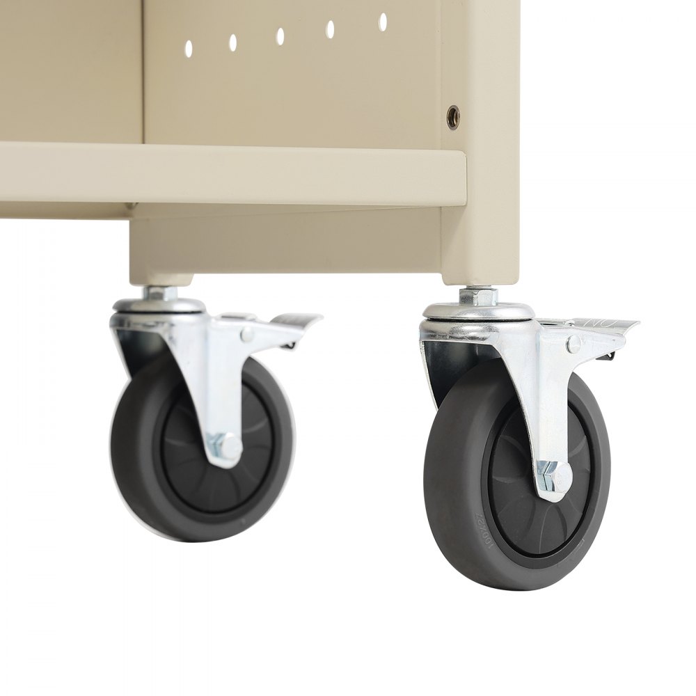 Carro para libros VEVOR, 150 kg, 79 x 39 x 125 cm, con ruedas, estantes inclinados en forma de V de un solo lado y ruedas bloqueables de 10 cm. Ideal para el hogar, la oficina y la escuela. Color crema.