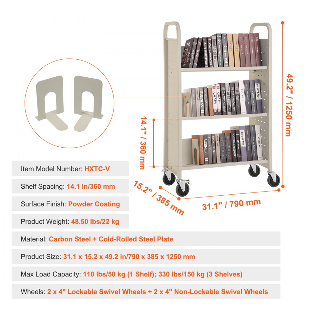 Carro para libros VEVOR, 150 kg, 79 x 39 x 125 cm, con ruedas, estantes inclinados en forma de V de un solo lado y ruedas bloqueables de 10 cm. Ideal para el hogar, la oficina y la escuela. Color crema.