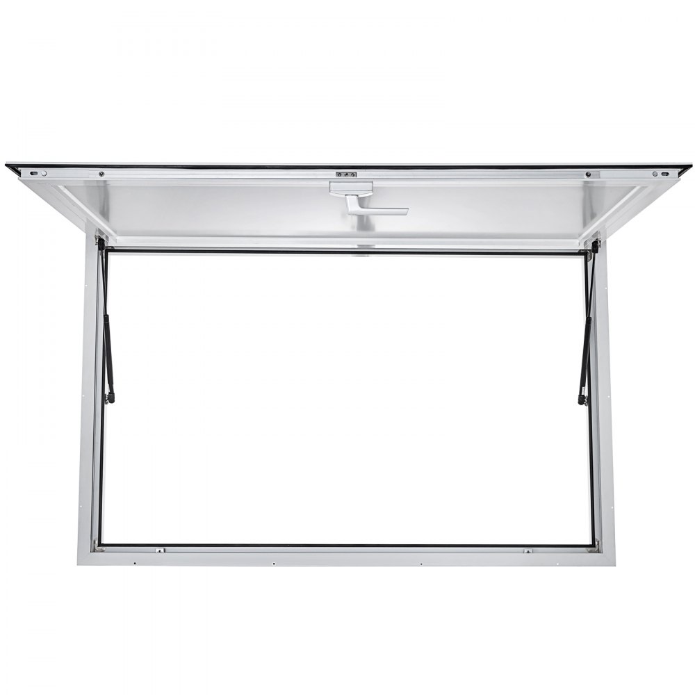 Ventana de concesión VEVOR abierta con marco y puntales de aluminio, vista desde el exterior.