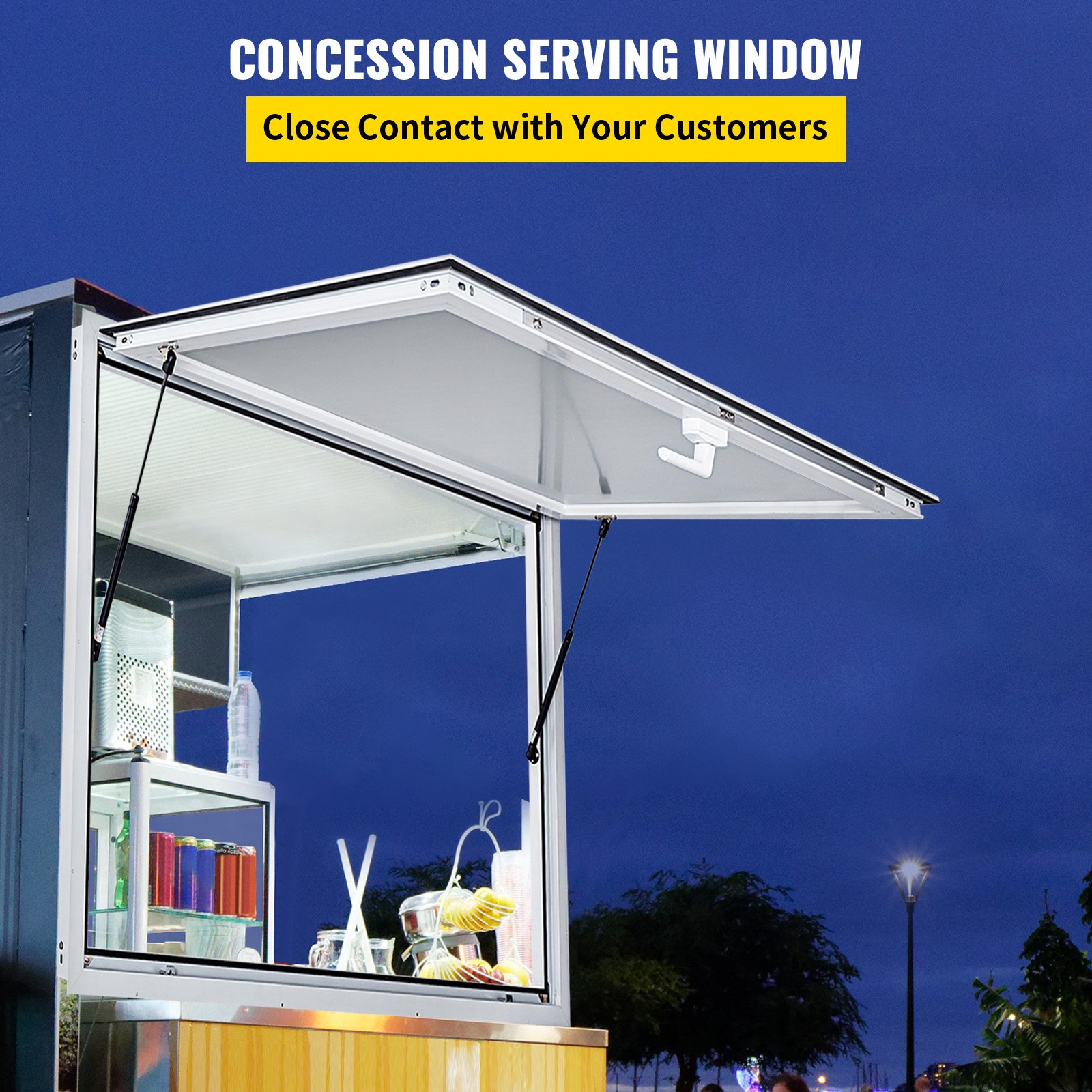 Ventana de concesión de VEVOR que muestra un área de servicio con bocadillos y bebidas.