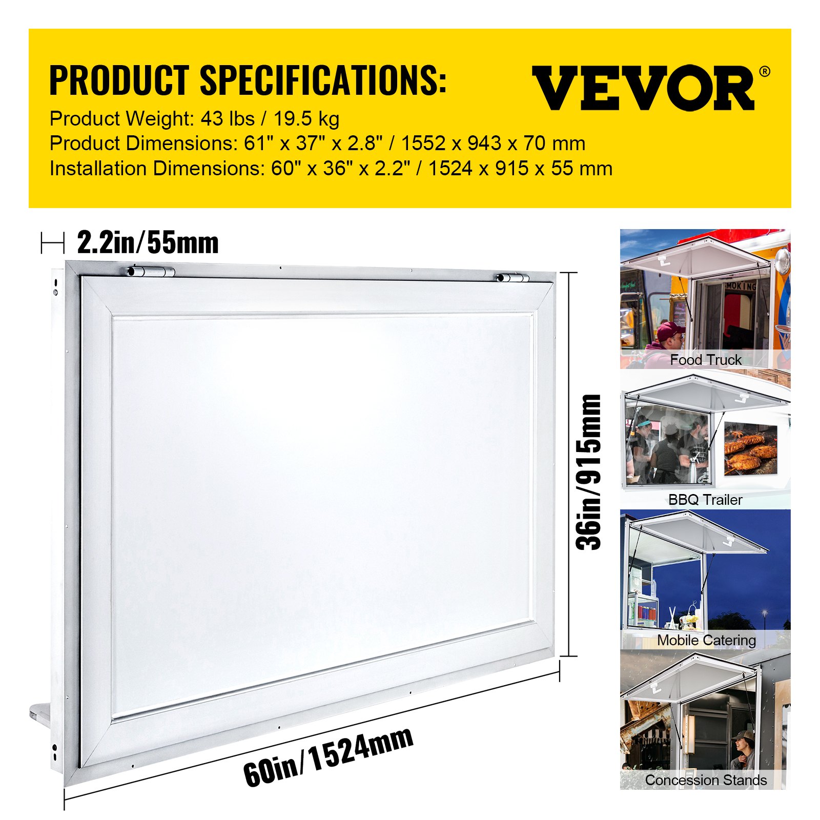 Ventana de concesión VEVOR, 60 x 36 pulgadas, ideal para camiones de comida y catering móvil.
