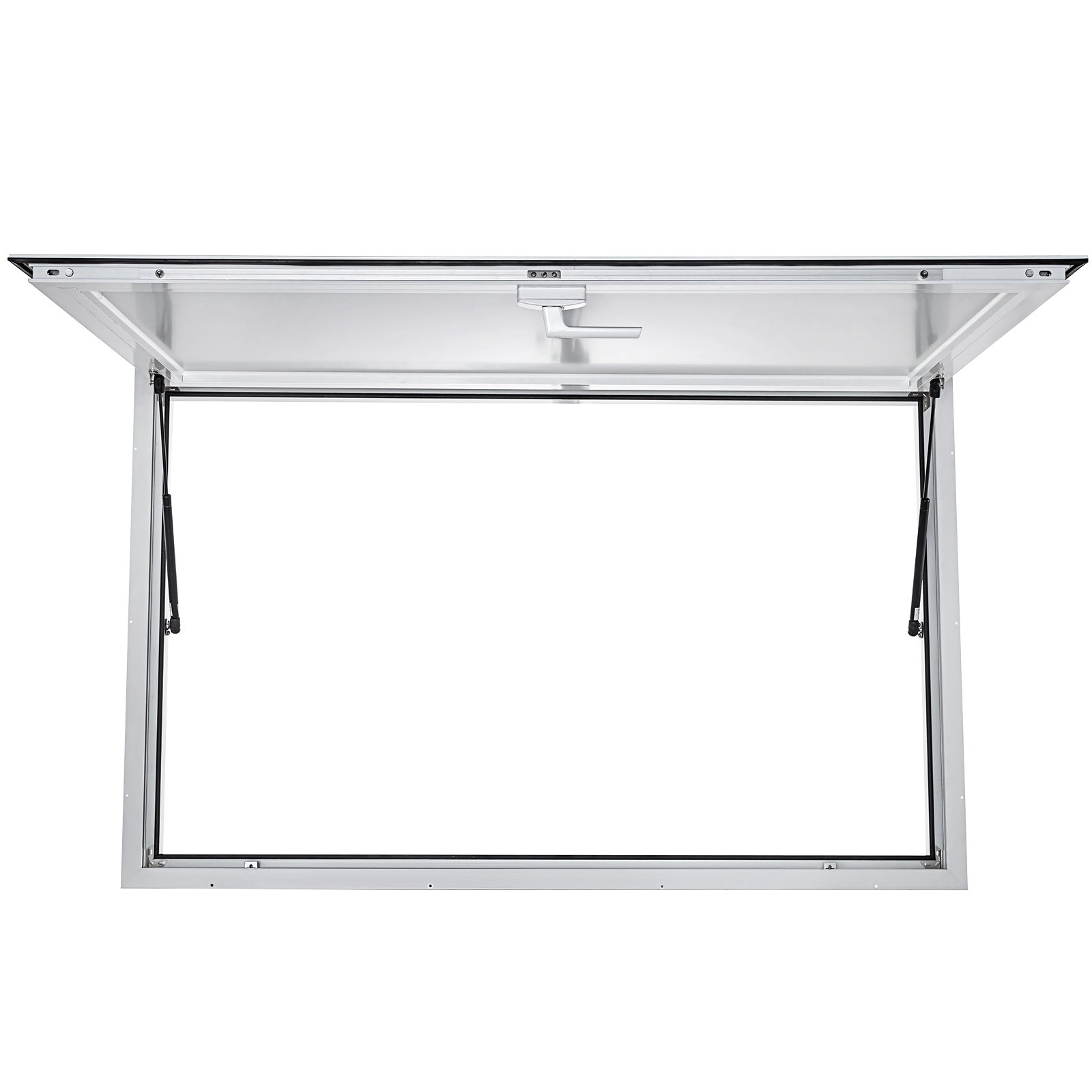 Ventana de concesión VEVOR abierta con marco y puntales de aluminio, vista desde el exterior.