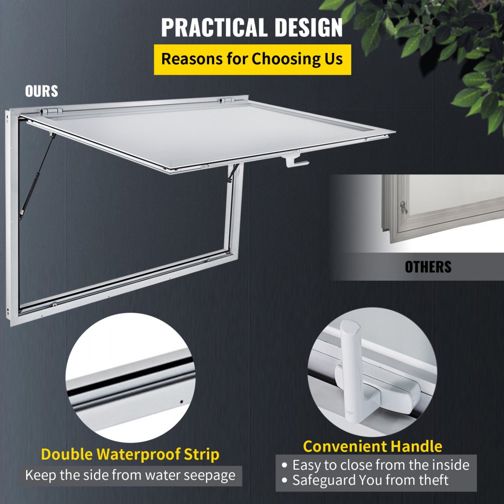 Ventana de concesión VEVOR con diseño práctico, doble tira impermeable y cómoda manija.