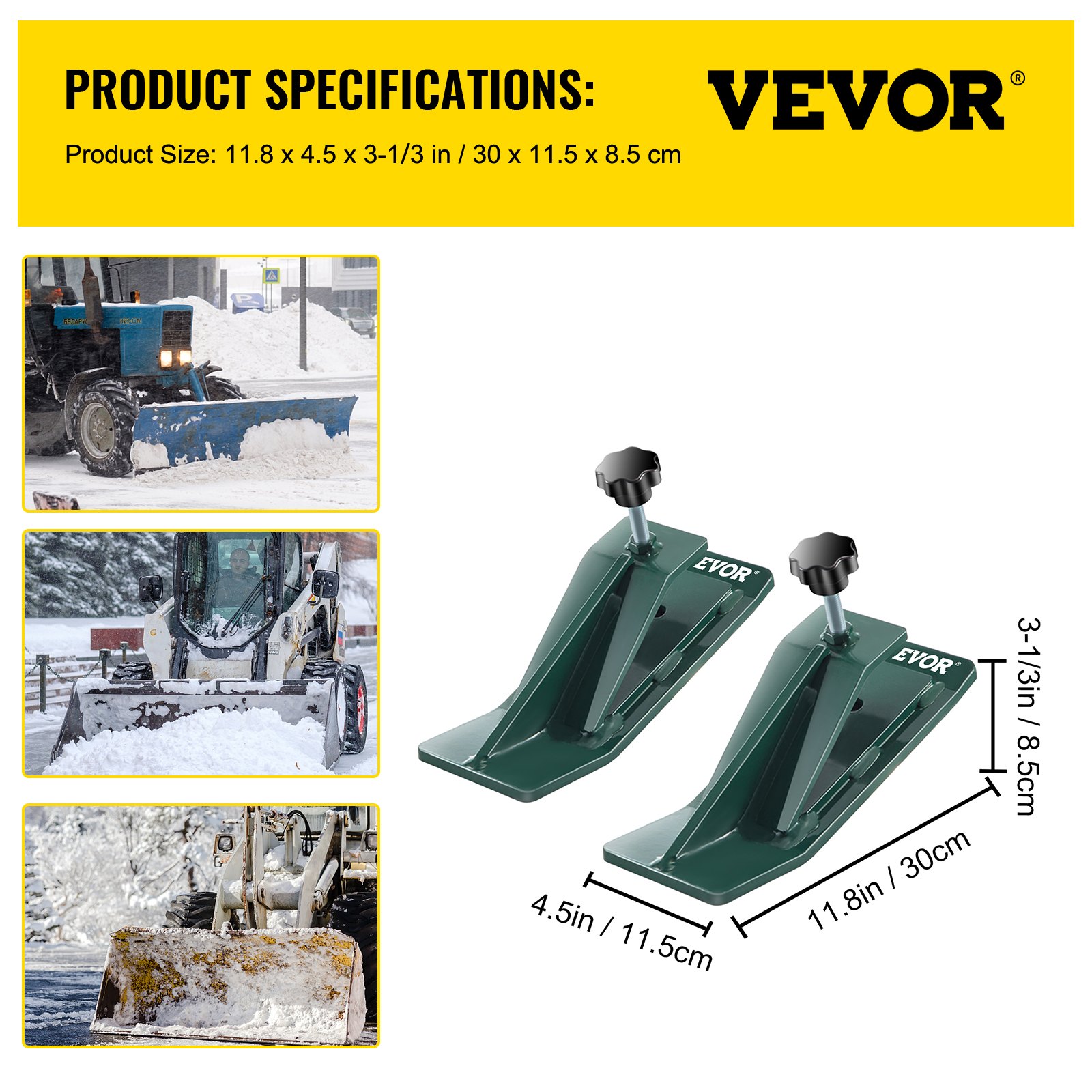 Protector de cucharón para tractor VEVOR con dimensiones del producto y quitanieves en acción.