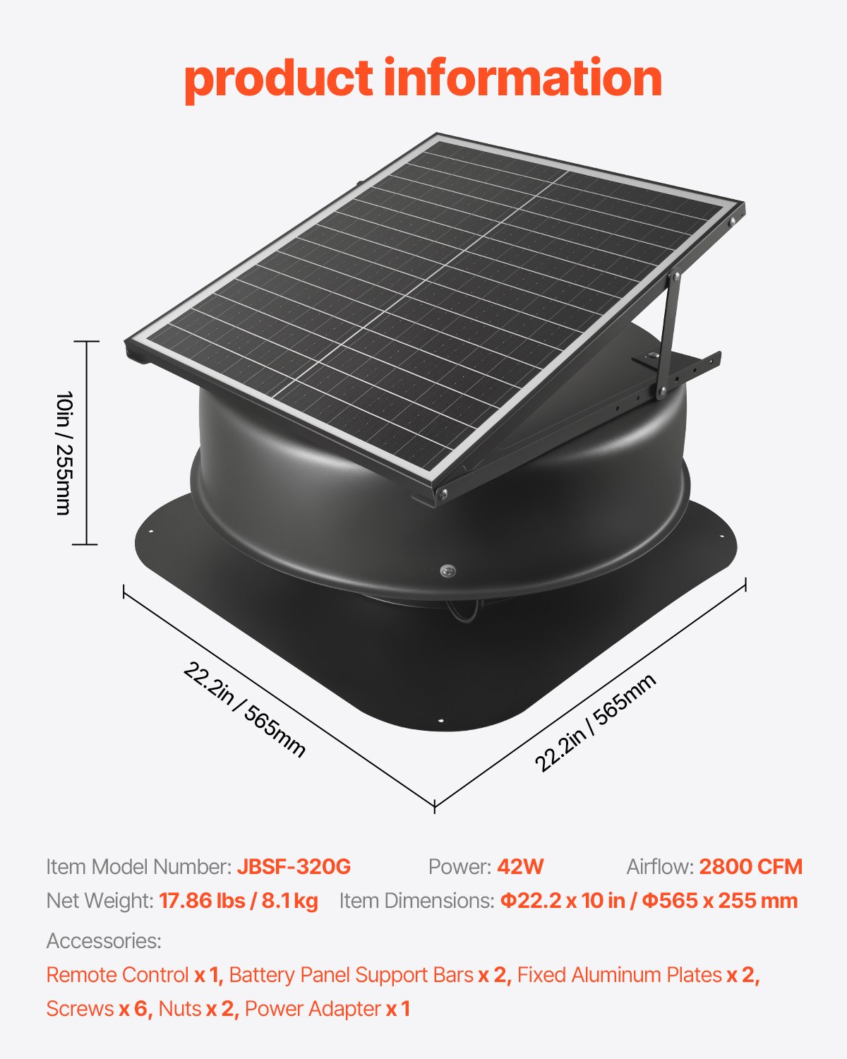 Ventilador solar para ático VEVOR, 42 W, 2800 CFM, gran flujo de aire, silencioso y resistente a la intemperie, con adaptador inteligente de 110 V, ideal para el hogar, invernadero, garaje, tienda, autocaravana. Homologado por la FCC.