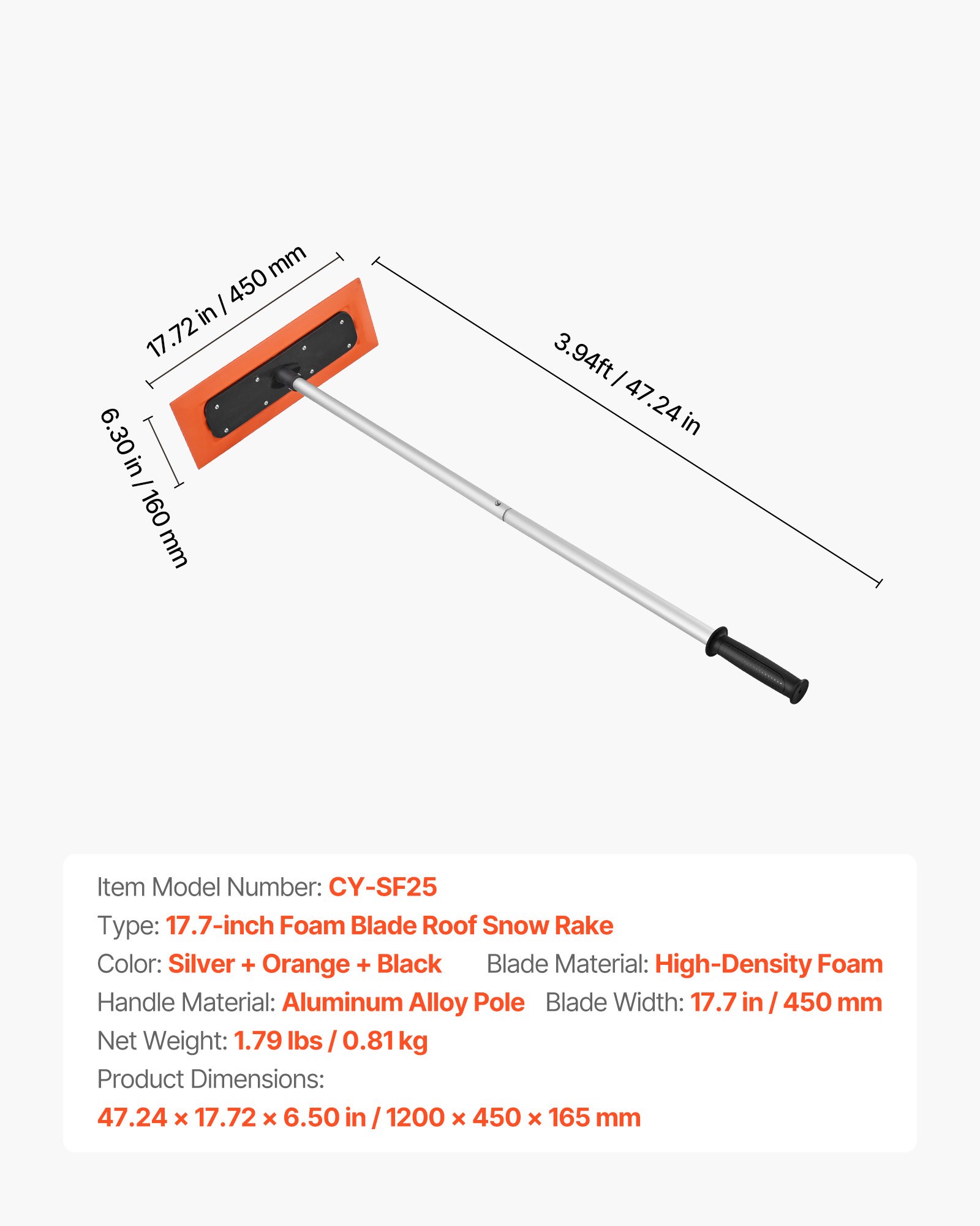 Rastrillo de nieve para techo VEVOR, alcance de 1,2 m, cuchilla de espuma de 45 cm para evitar rayones, mango antideslizante, herramienta ligera para quitar nieve, ideal para limpiar techos de vehículos, garajes y hojas.