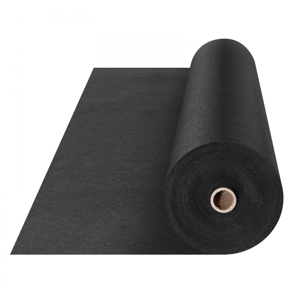 Rollo de tejido geotextil VEVOR desenrollado, mostrando el material negro duradero ideal para paisajismo.