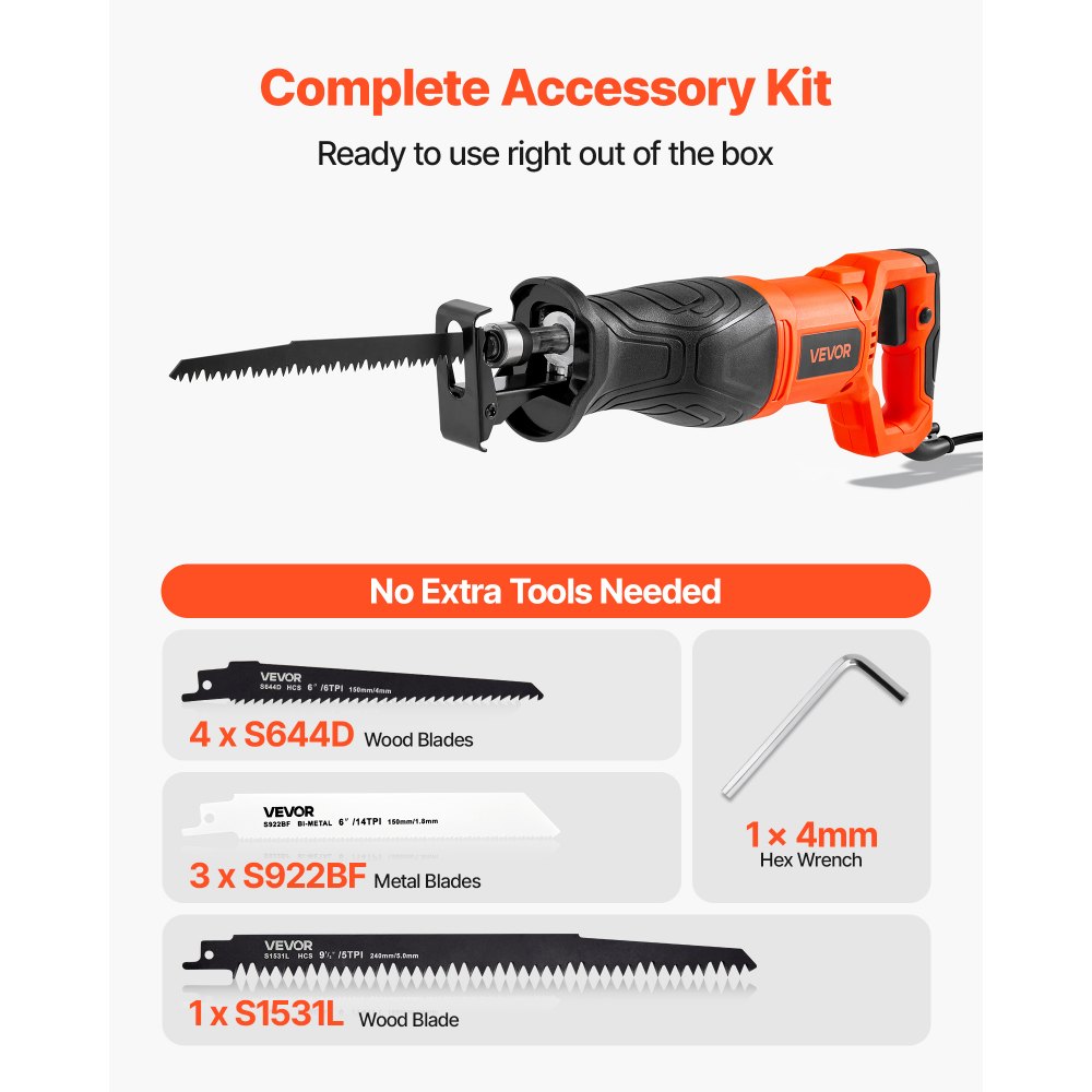 Sierra alternativa con cable VEVOR, 120 voltios, 7,5 amperios, velocidad variable de 2800 rpm, carrera de 1-1/8 pulgadas, sierra alternativa eléctrica con 8 hojas y bolsa de transporte, para cortar madera, metal y plástico.