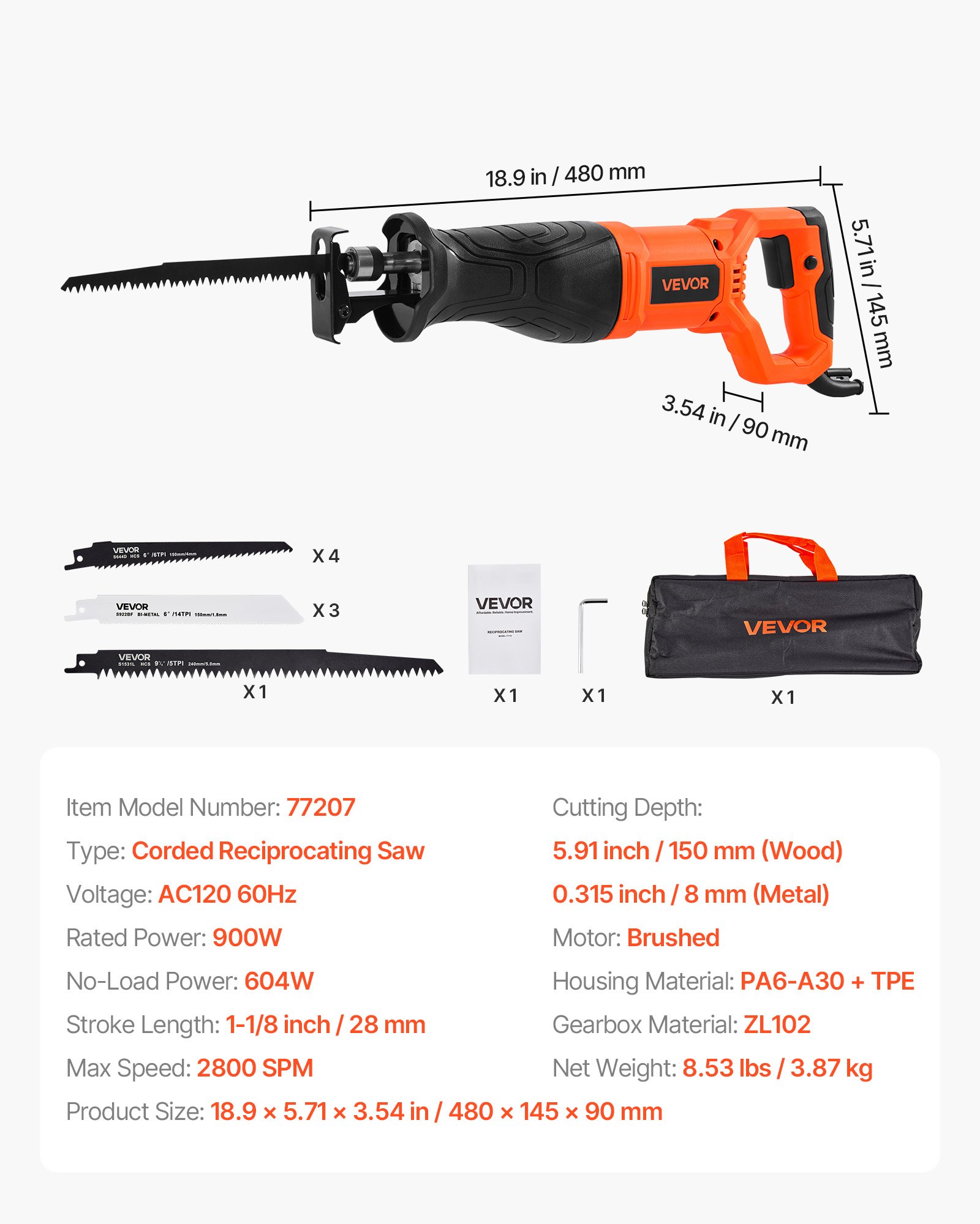 Sierra alternativa con cable VEVOR, 120 voltios, 7,5 amperios, velocidad variable de 2800 rpm, carrera de 1-1/8 pulgadas, sierra alternativa eléctrica con 8 hojas y bolsa de transporte, para cortar madera, metal y plástico.