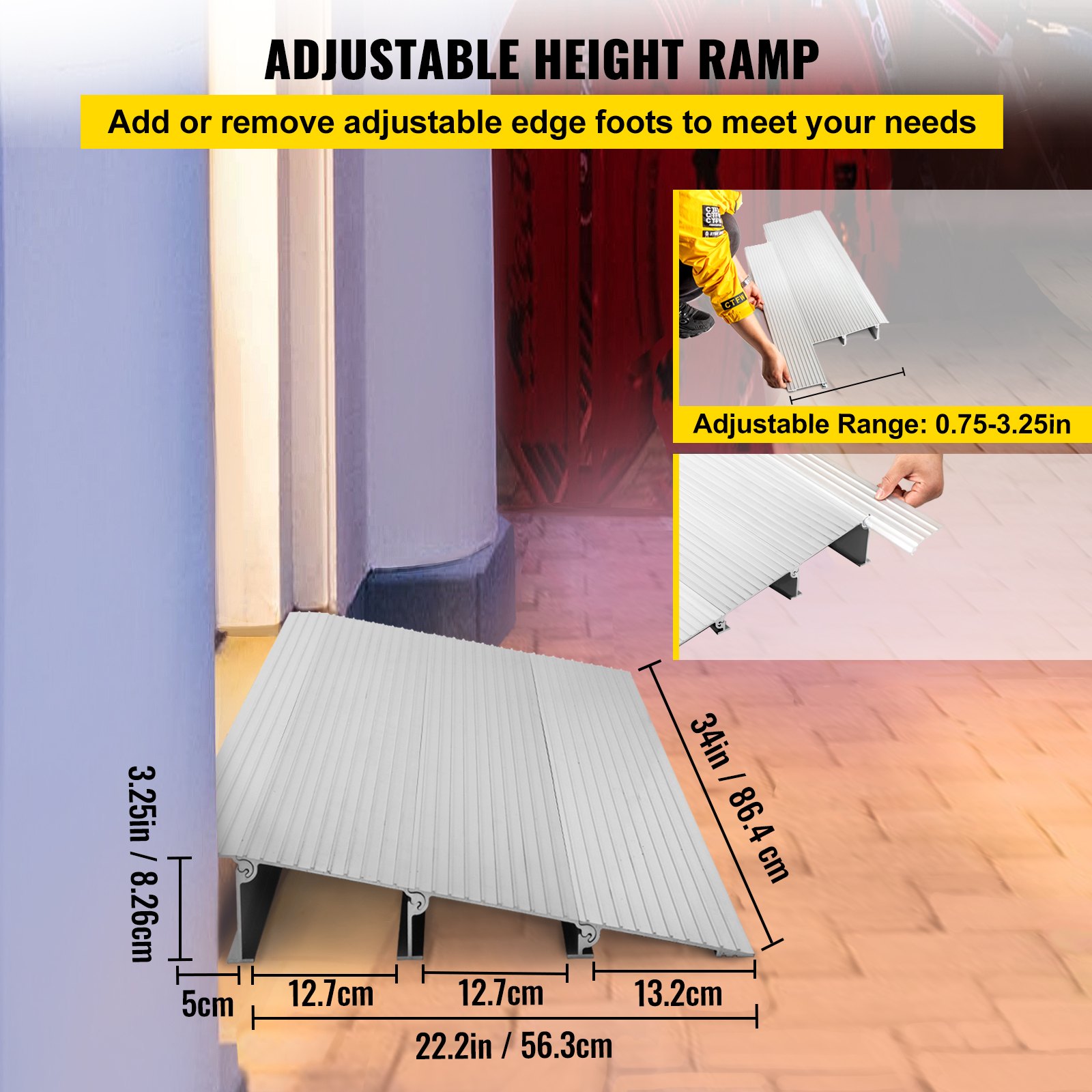Rampa de entrada VEVOR con altura ajustable y patas de borde para un acceso versátil a la puerta.