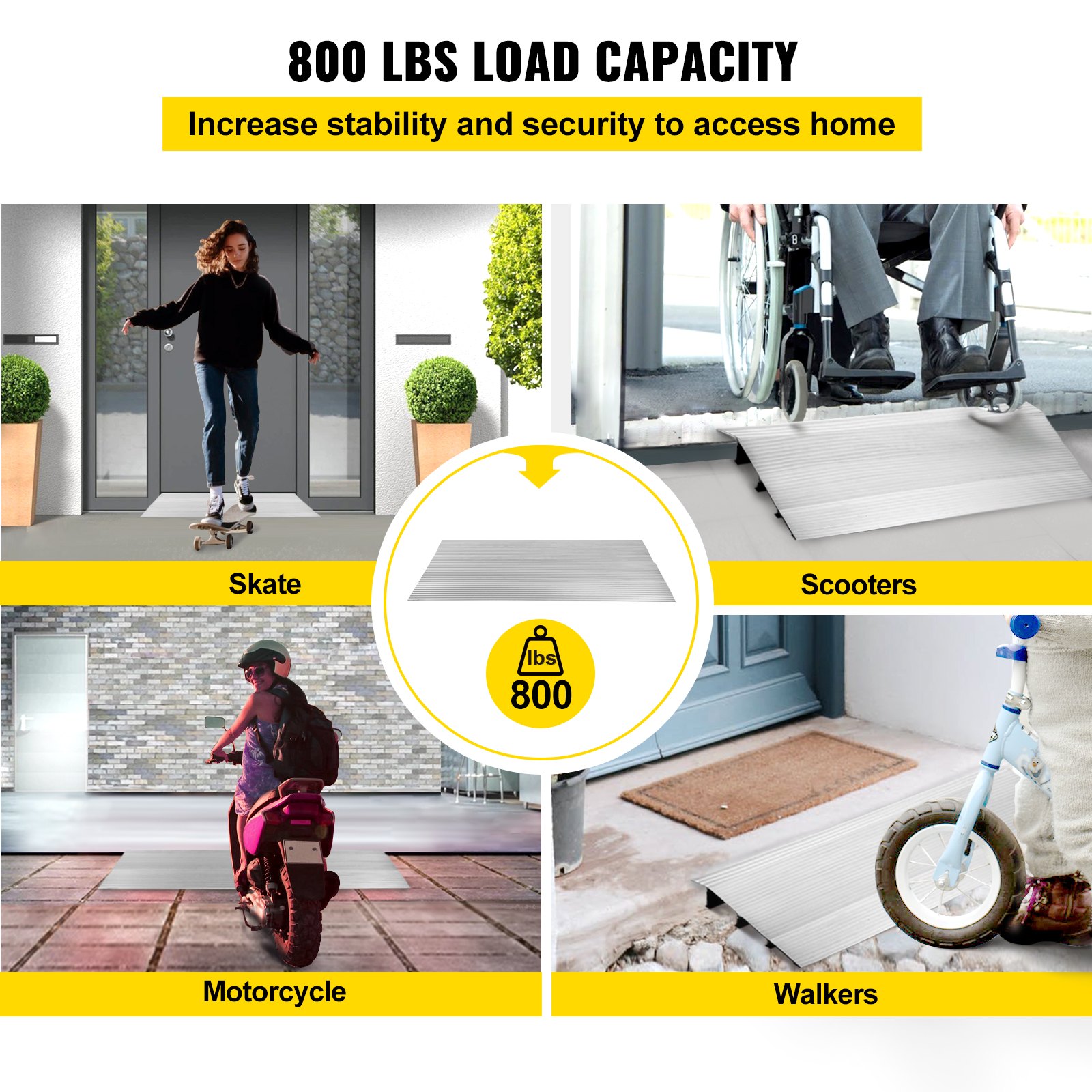 La rampa de entrada VEVOR soporta 800 libras para patines, scooters, motocicletas y andadores.
