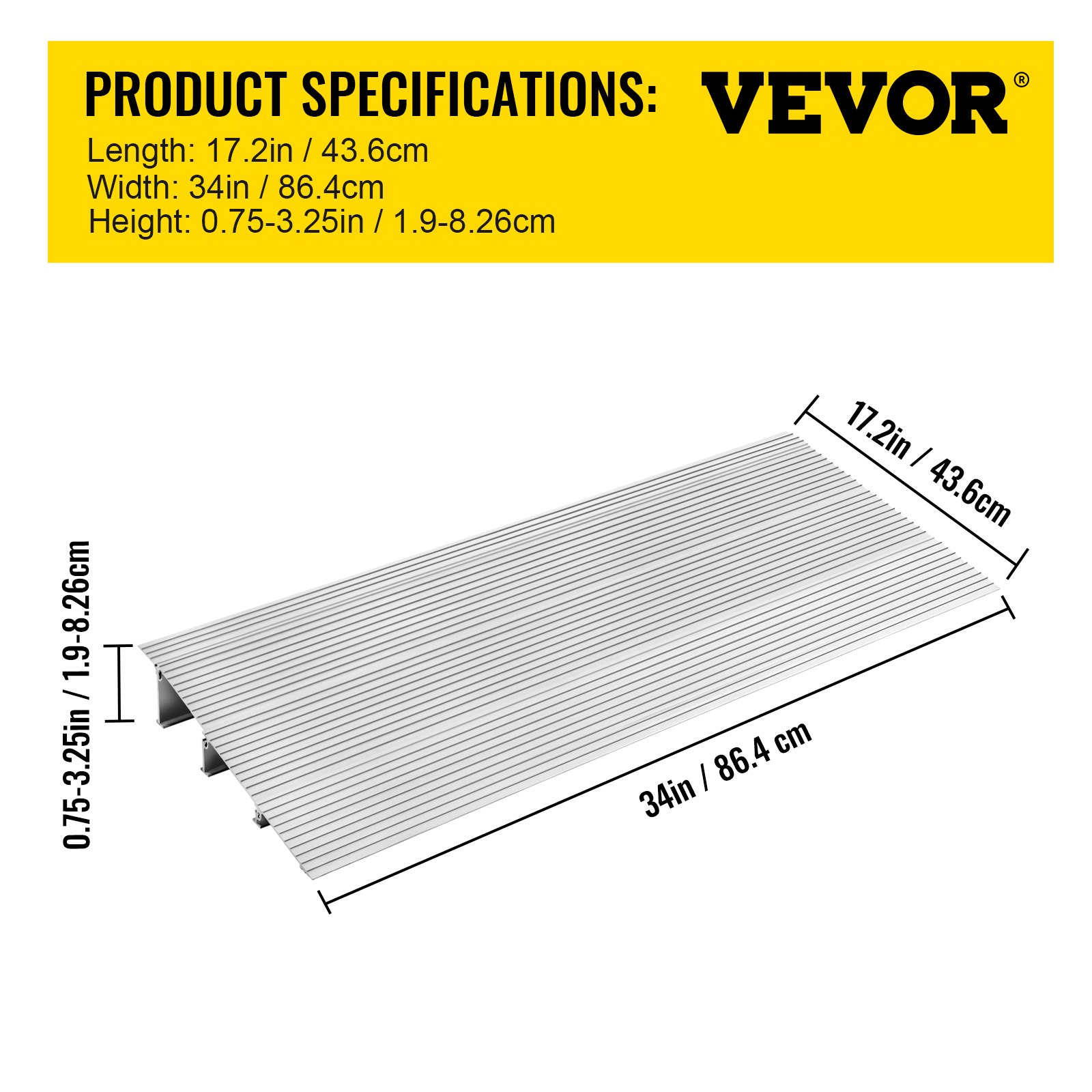 Especificaciones de la rampa de entrada VEVOR: 17,2&quot; x 34&quot; x 0,75-3,25&quot; (43,6 x 86,4 x 1,9-8,26 cm).