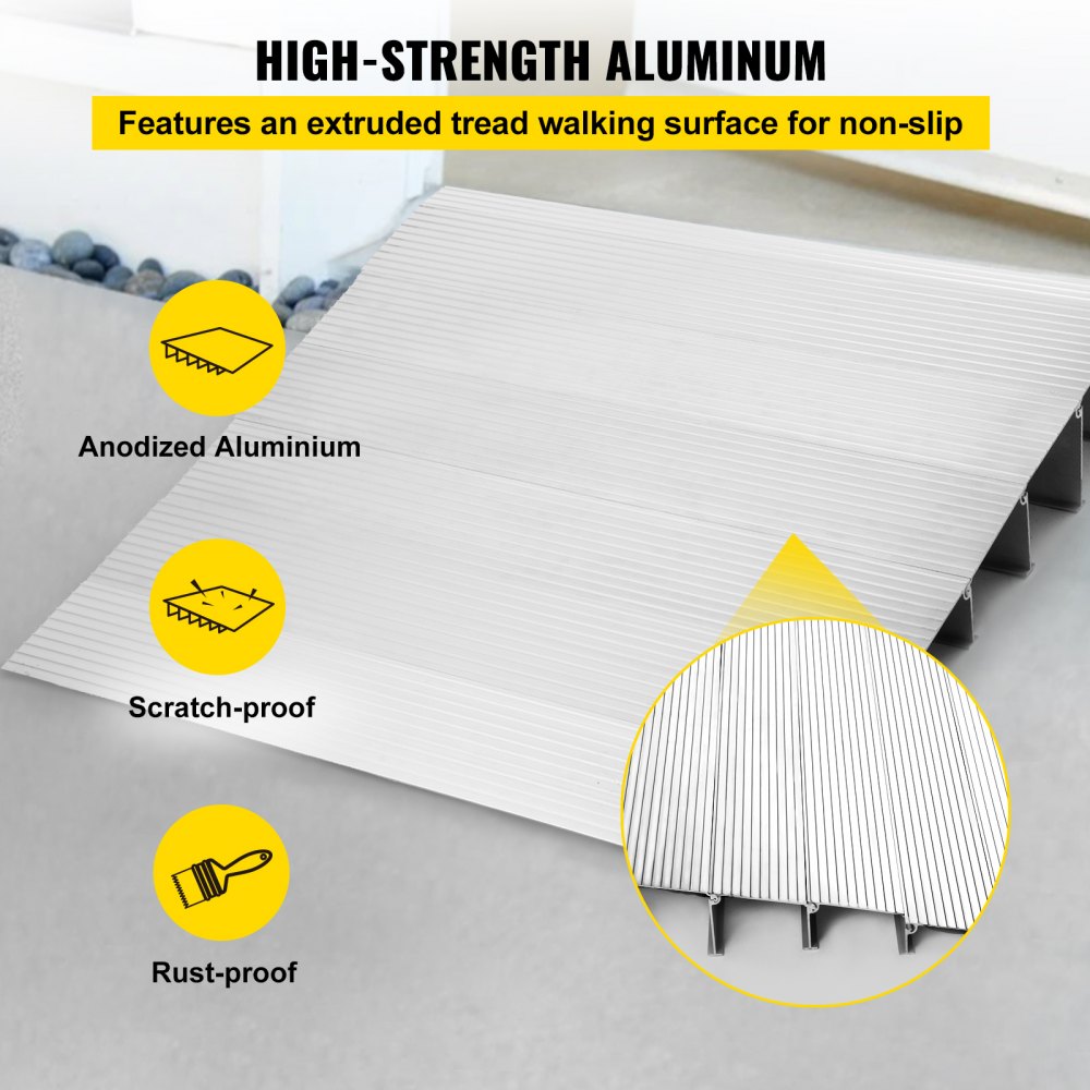 Rampa de umbral VEVOR en aluminio anodizado de alta resistencia, con superficie resistente a la oxidación y a los arañazos.