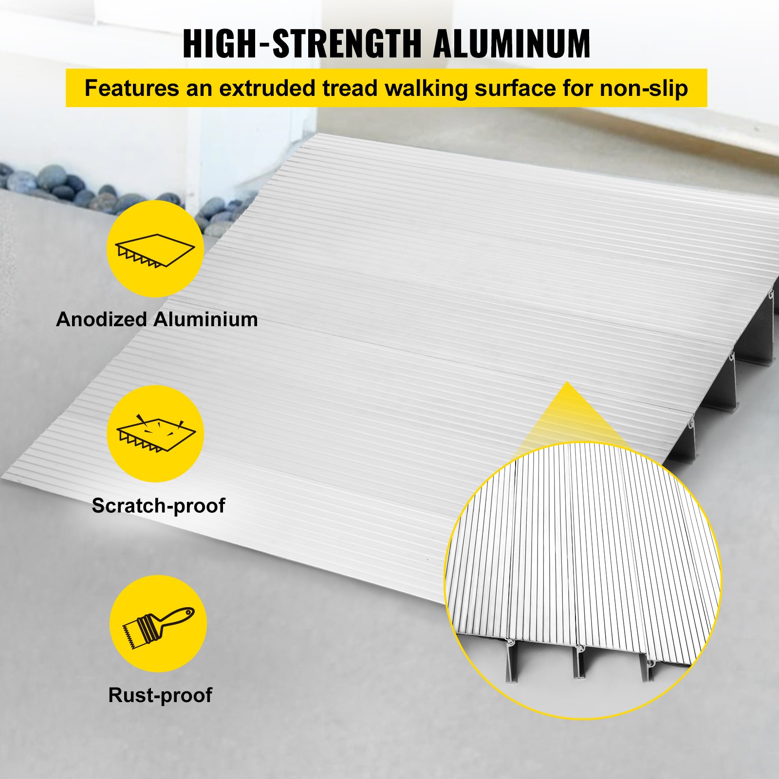 Rampa de umbral VEVOR en aluminio anodizado de alta resistencia, con superficie resistente a la oxidación y a los arañazos.