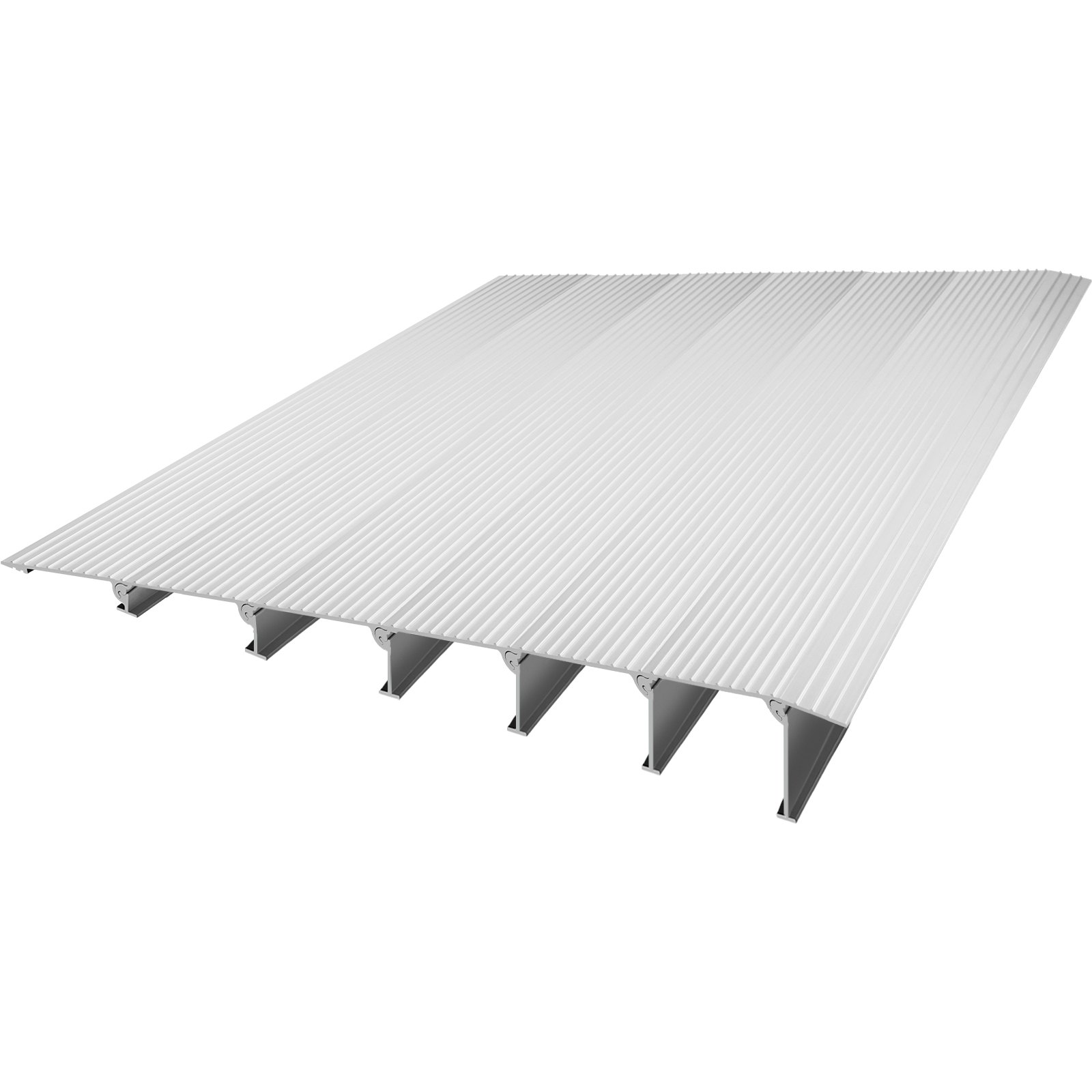 Rampa de umbral VEVOR con superficie de aluminio acanalado y vigas de soporte debajo.