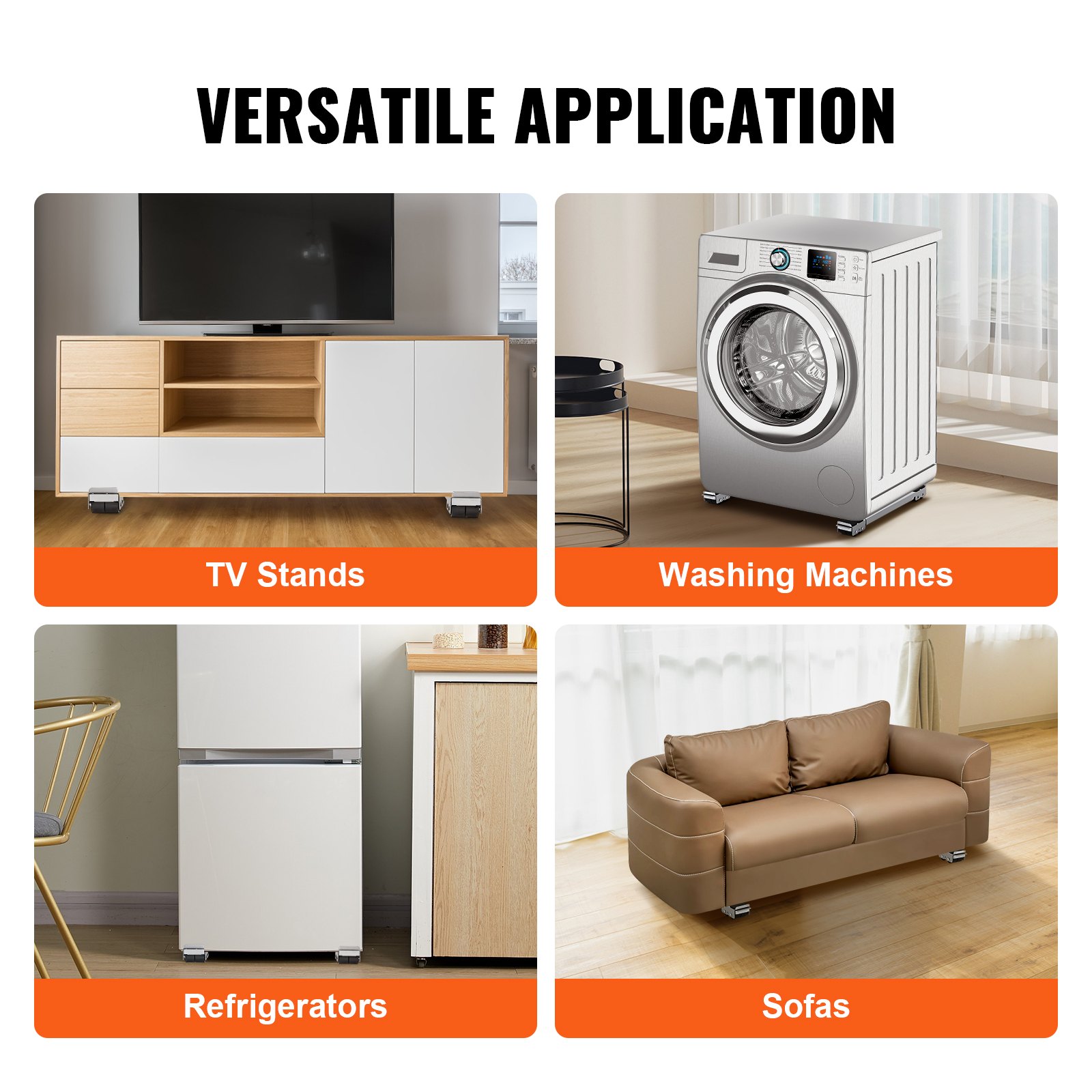 Rodillos para electrodomésticos VEVOR utilizados para soportes de TV, lavadoras, refrigeradores y sofás.