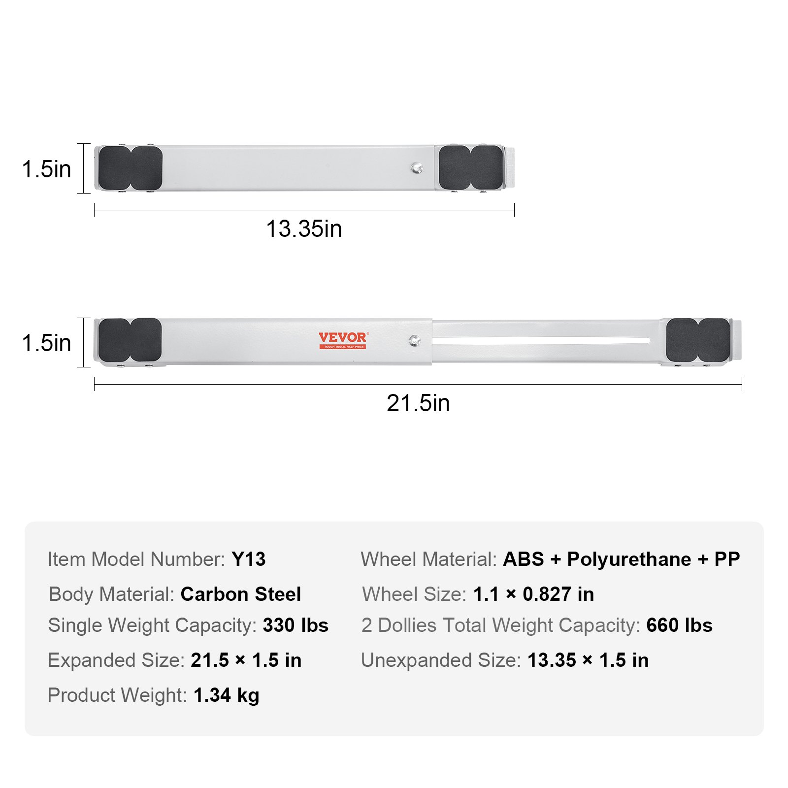 Rodillos para electrodomésticos VEVOR, acero al carbono, expandidos 21,5 pulgadas, sin expandir 13,35 pulgadas, capacidad de peso 660 libras.
