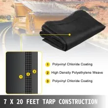 Lona de malla para camión volquete VEVOR de 7 x 20 pies, lona de malla negra con ojales, lona de malla resistente con pantalla de apertura de bolsillo de 6 pulgadas, lona de remolque recubierta de PVC, para cubierta de cama de camión