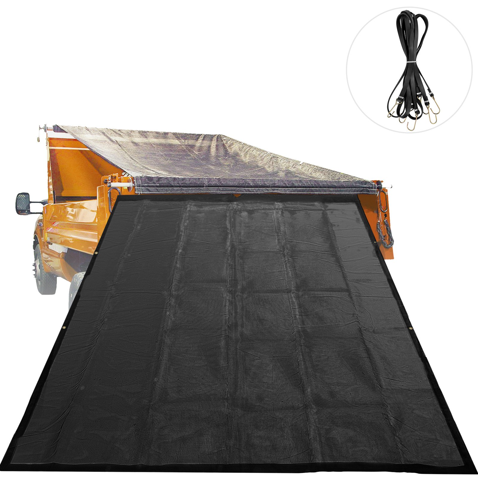 Lona de malla para camión volquete VEVOR de 7 x 20 pies, lona de malla negra con ojales, lona de malla resistente con pantalla de apertura de bolsillo de 6 pulgadas, lona de remolque recubierta de PVC, para cubierta de cama de camión