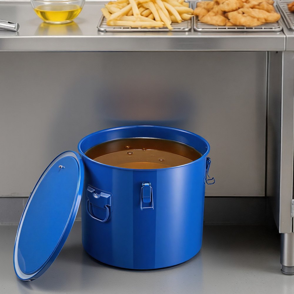 Cubo de grasa para freidora VEVOR, contenedor de 10 galones para desechar aceite, cubo de acero al carbono con revestimiento antioxidante, contenedor para transportar aceite con tapa, clips de bloqueo y bolsa de filtro para filtrar aceite de cocina caliente, azul