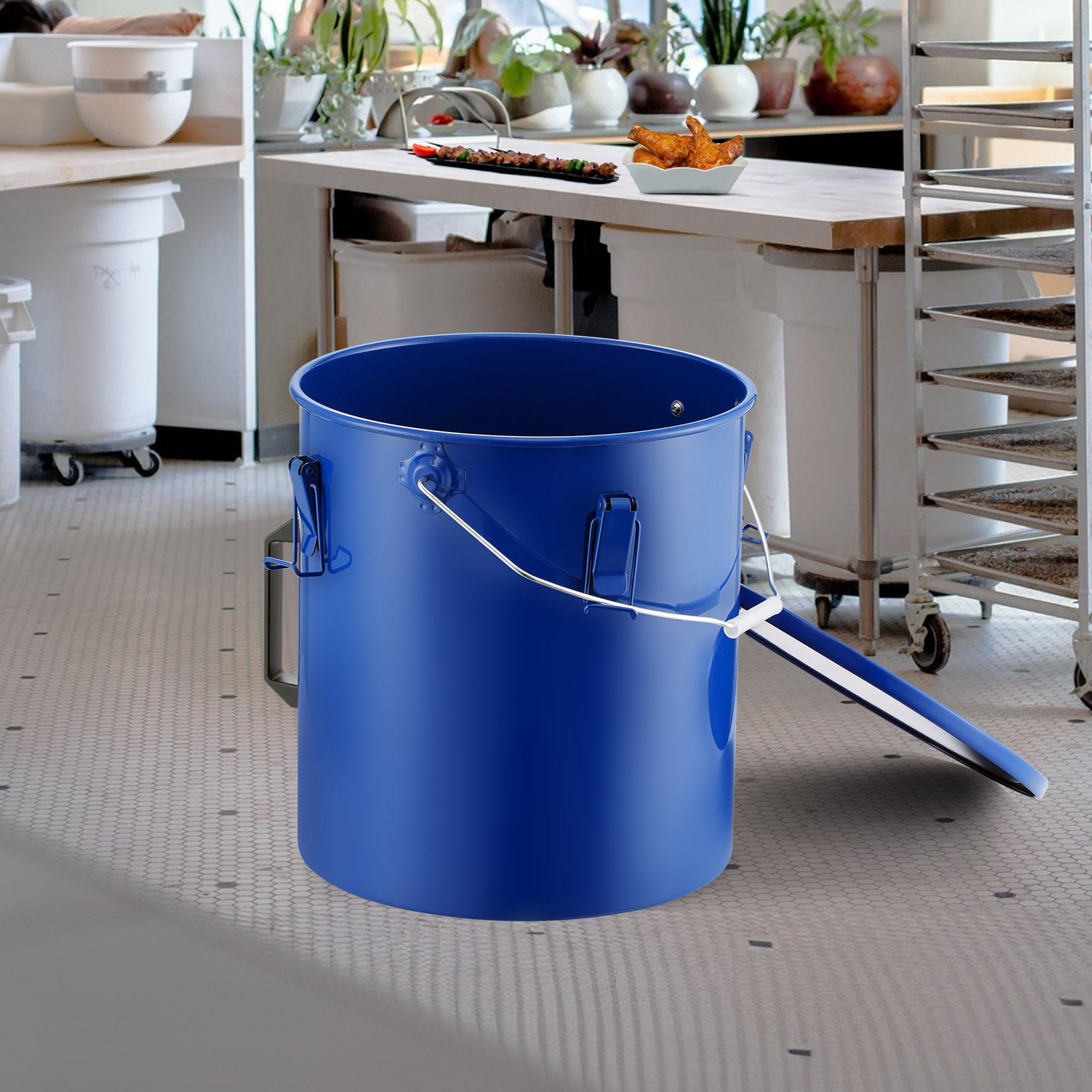 VEVOR Recolector de grasa y aceite usado, 22,7 L, tambor recolector de aceite de freidora de acero al carbono, recipiente de aceite con tapa, pinzas de bloqueo, bolsa de filtro para cocina, Azul