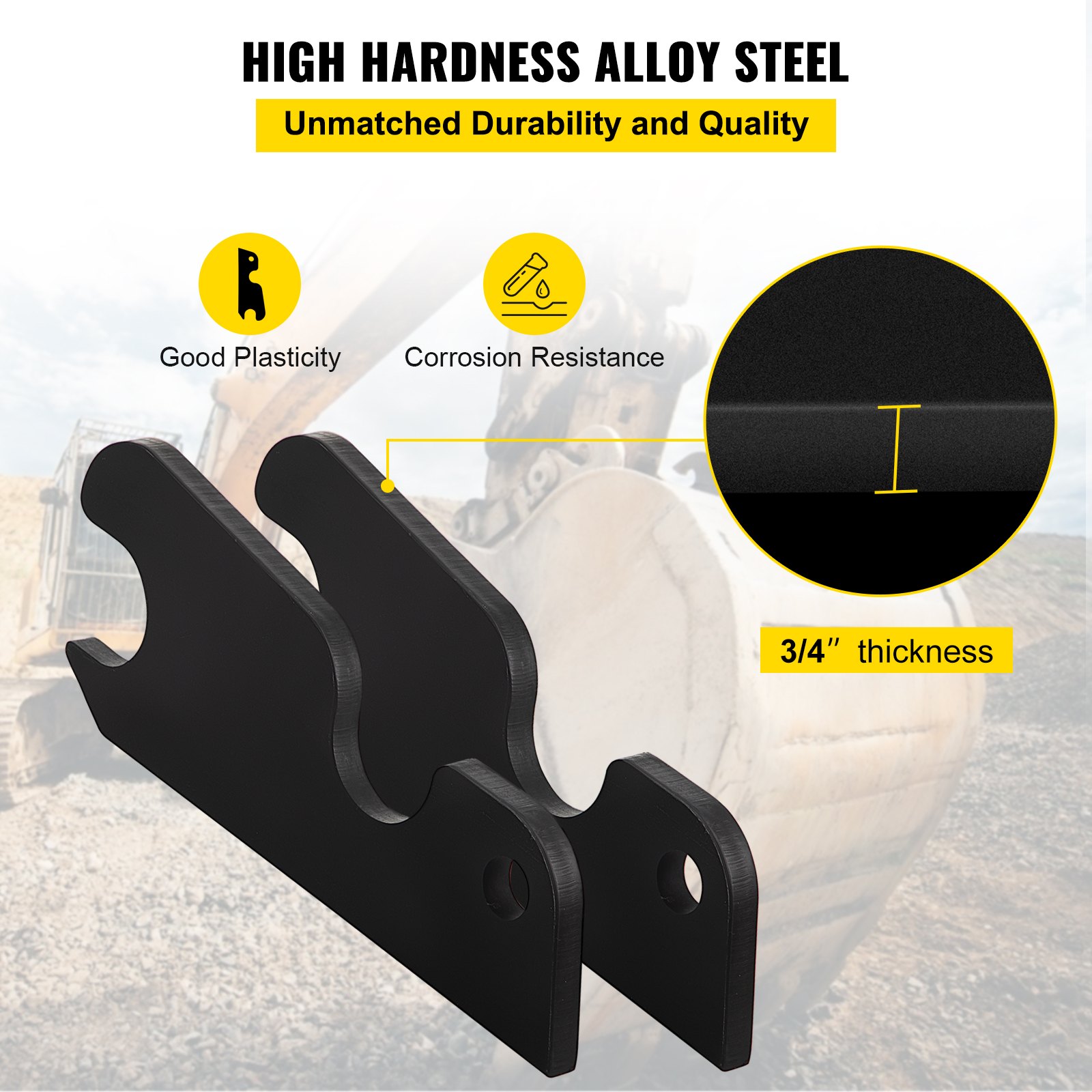 VEVOR Orejas de cubo de fijación rápida, orejas de cubo de excavadora de 3/4 pulgadas de grosor, 2 piezas de orejas de cubo, acero con revestimiento negro con artesanía de metal precisa, compatible con KX040 KX71 KX91 KX121