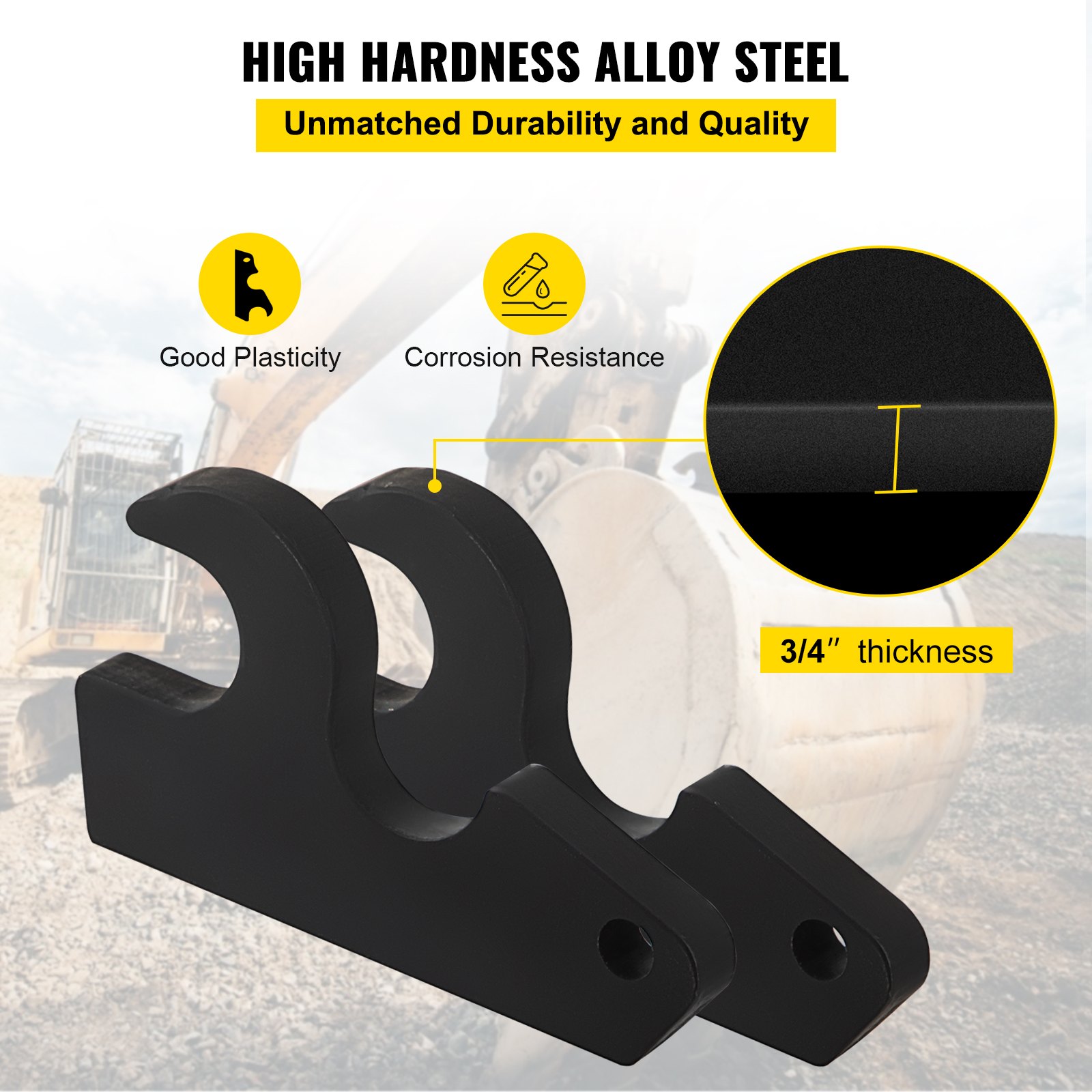 VEVOR Orejas de cubo de fijación rápida, orejas de cubo de excavadora de 3/4 pulgadas de grosor, 2 piezas de orejas de cubo, acero con revestimiento negro con artesanía de metal precisa, compatible con KX040 KX71 KX91 KX121