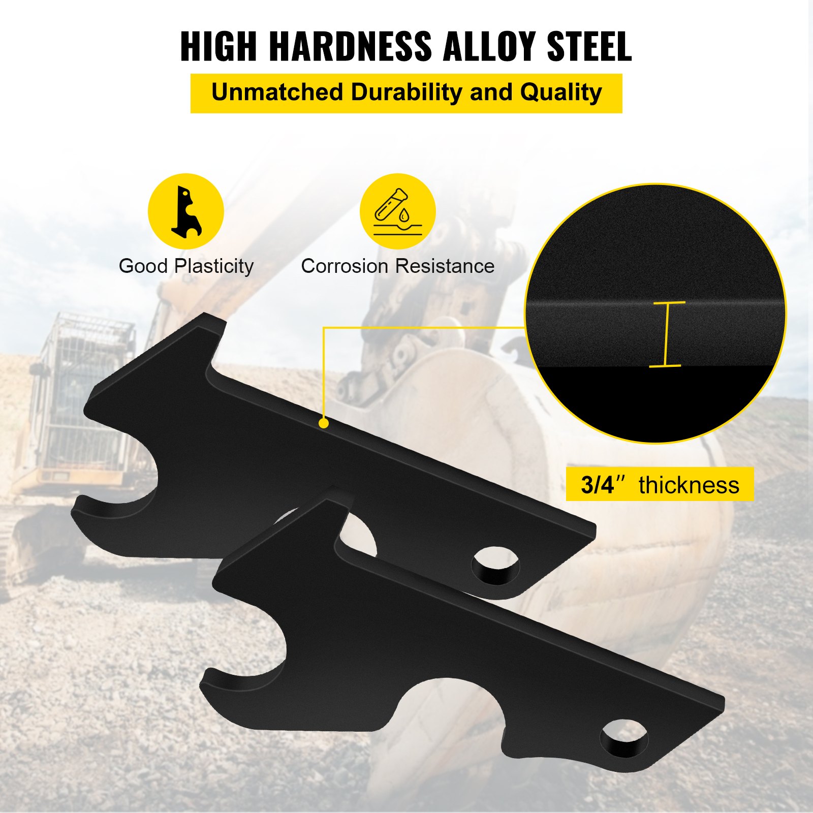 VEVOR Orejas de cubo de fijación rápida, orejas de cubo de excavadora de 3/4 pulgadas de grosor, 2 piezas de orejas de cubo, acero con revestimiento negro con artesanía de metal precisa, compatible con KX040 KX71 KX91 KX121