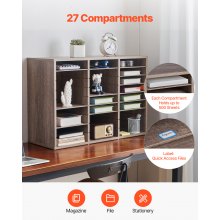 Organizador de literatura de madera con 27 compartimentos y estantes extraíbles, color negro y gris