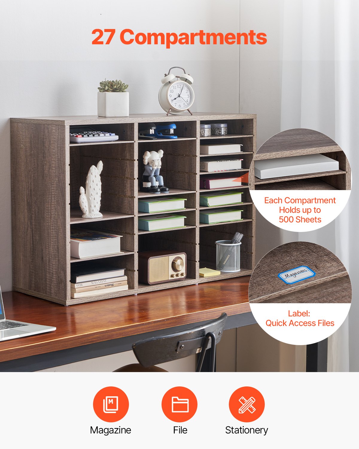 Organizador de documentos VEVOR, buzón de oficina con 27 compartimentos y estantes extraíbles, clasificador de buzones de madera de aglomerado para oficina, hogar y aula, clasificador de archivos, documentos y papel, color negro y gris.