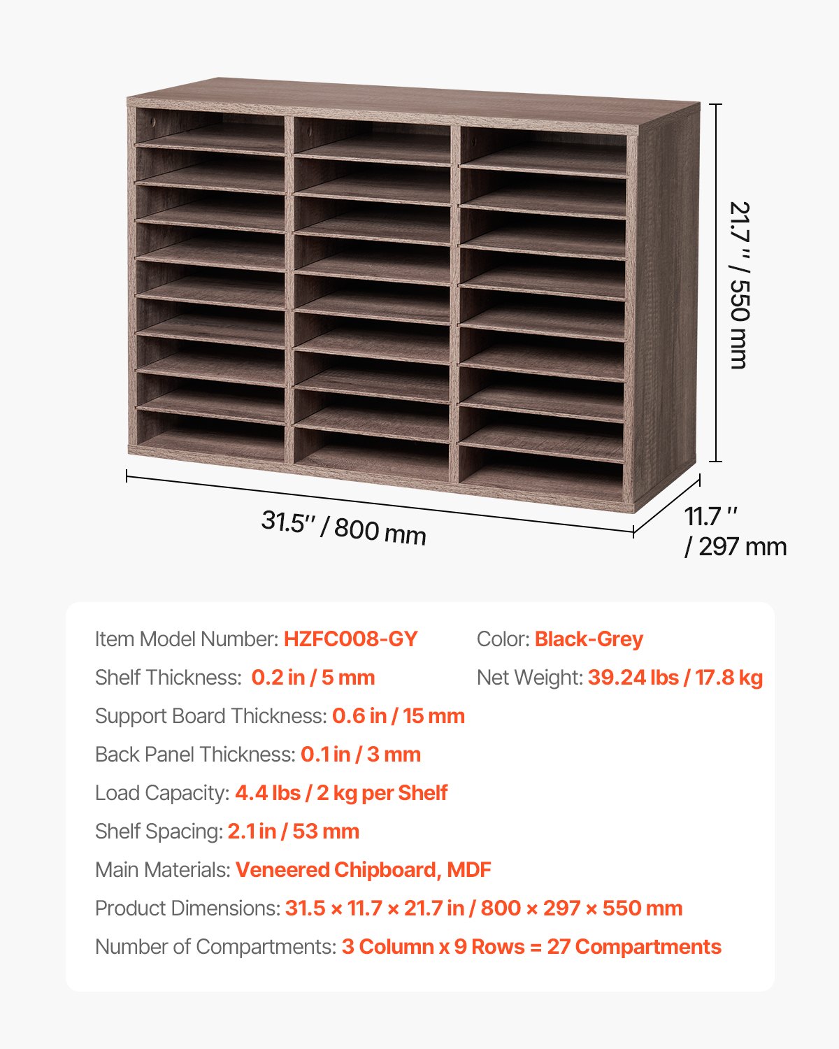 Organizador de documentos VEVOR, buzón de oficina con 27 compartimentos y estantes extraíbles, clasificador de buzones de madera de aglomerado para oficina, hogar y aula, clasificador de archivos, documentos y papel, color negro y gris.
