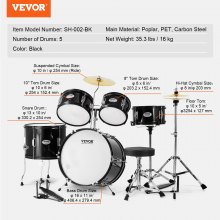 VEVOR - Batería para niños, 5 piezas, 16 pulgadas, batería completa para principiantes con bajos, toms, caja, bombo, trono ajustable, platillo, pedal Hi-Hat y dos pares de baquetas, kit de batería para principiantes para niños, color negro